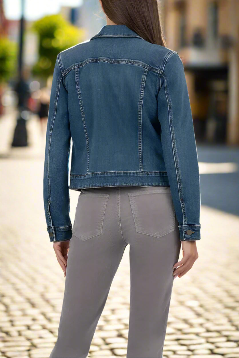 Kut from the Kloth Julia Crop Denim Jacket – Classic Dark Wash Stretch Jean Jacket-Jackets-Kut from the Kloth-Deja Nu Boutique, Women's Fashion Boutique in Lampasas, Texas