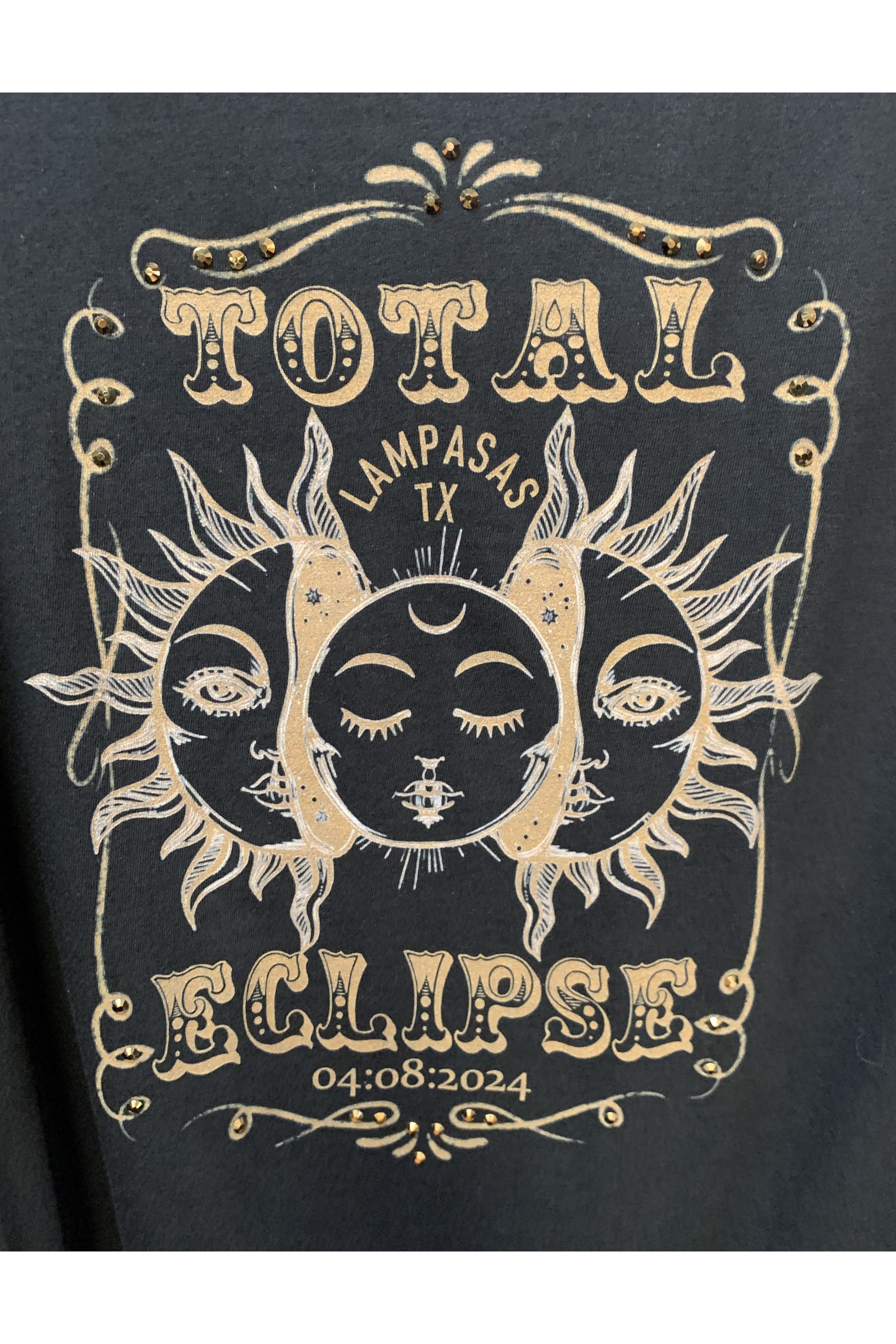 Lampasas Eclipse 2024: Limited Edition T-Shirt with Gold Rhinestone Details-shirts-Rose Canyon Ranch Free 2 B-Deja Nu Boutique, Women's Fashion Boutique in Lampasas, Texas