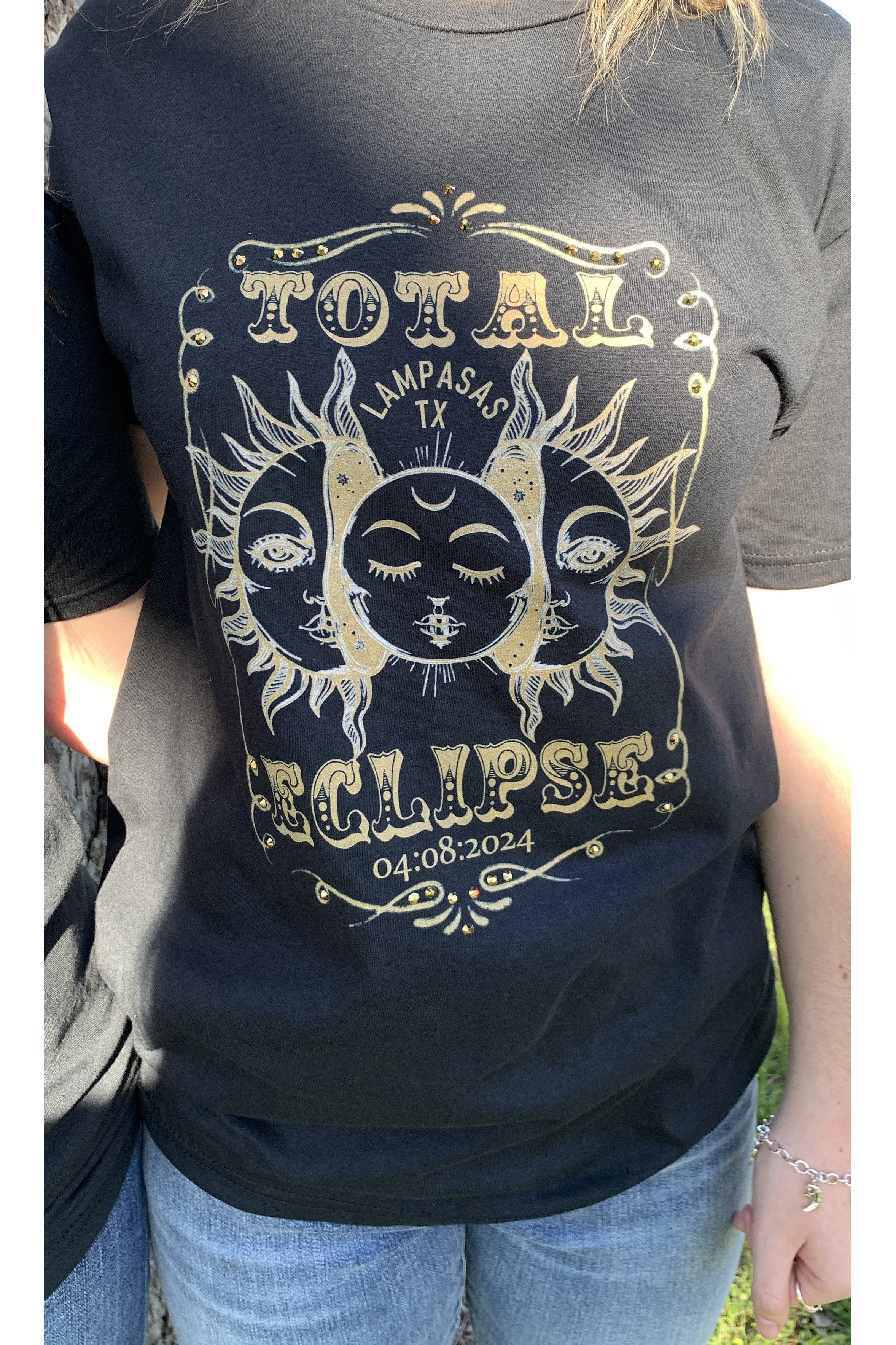 Lampasas Eclipse 2024: Limited Edition T-Shirt with Gold Rhinestone Details-shirts-Rose Canyon Ranch Free 2 B-Deja Nu Boutique, Women's Fashion Boutique in Lampasas, Texas