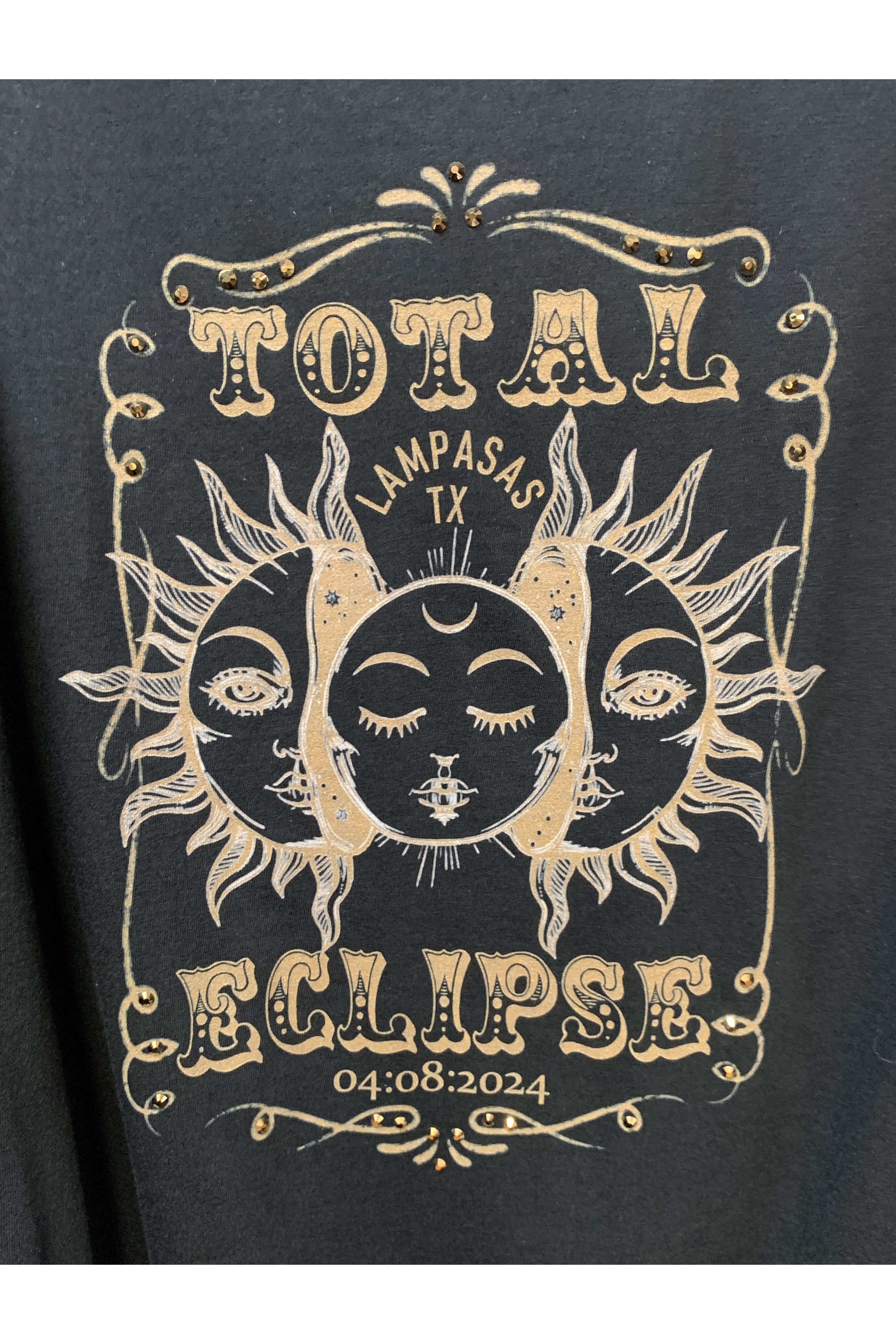 Lampasas Eclipse 2024: Limited Edition T-Shirt with Gold Rhinestone Details-shirts-Rose Canyon Ranch Free 2 B-Deja Nu Boutique, Women's Fashion Boutique in Lampasas, Texas