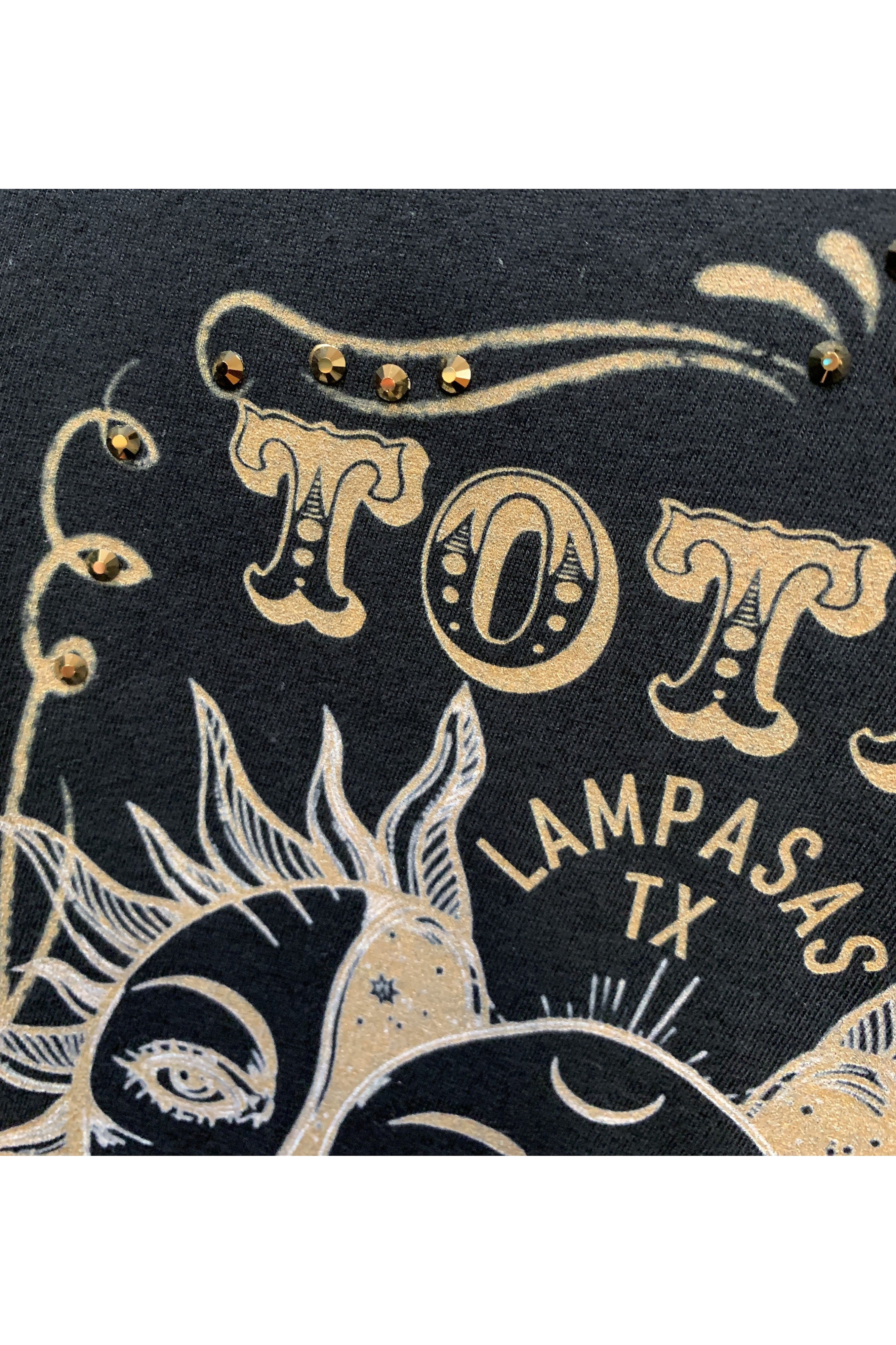 Lampasas Eclipse 2024: Limited Edition T-Shirt with Gold Rhinestone Details-shirts-Rose Canyon Ranch Free 2 B-Deja Nu Boutique, Women's Fashion Boutique in Lampasas, Texas