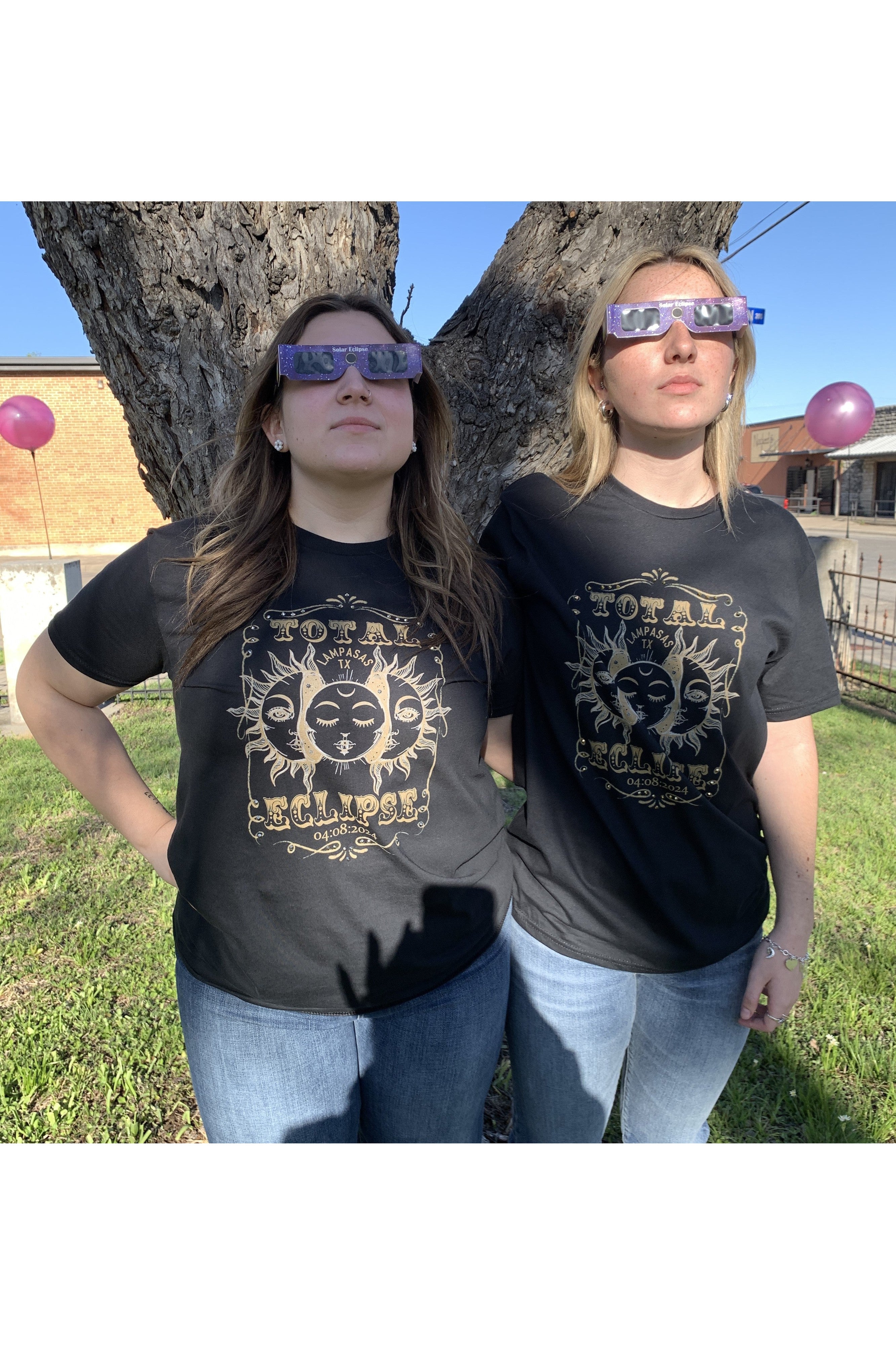 Lampasas Eclipse 2024: Limited Edition T-Shirt with Gold Rhinestone Details-shirts-Rose Canyon Ranch Free 2 B-Deja Nu Boutique, Women's Fashion Boutique in Lampasas, Texas