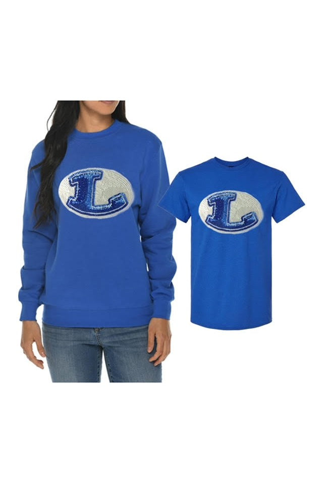 Lampasas School District Sequin Rocking “L” T-Shirt In Royal Blue-Tops-Bling a Gogo-Deja Nu Boutique, Women's Fashion Boutique in Lampasas, Texas