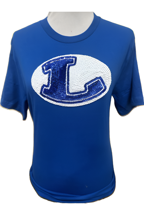 Lampasas School District Sequin Rocking “L” T-Shirt In Royal Blue-Tops-Bling a Gogo-Deja Nu Boutique, Women's Fashion Boutique in Lampasas, Texas