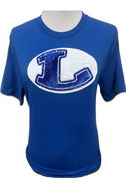 Lampasas School District Sequin Rocking “L” T-Shirt In Royal Blue-Tops-Bling a Gogo-Deja Nu Boutique, Women's Fashion Boutique in Lampasas, Texas