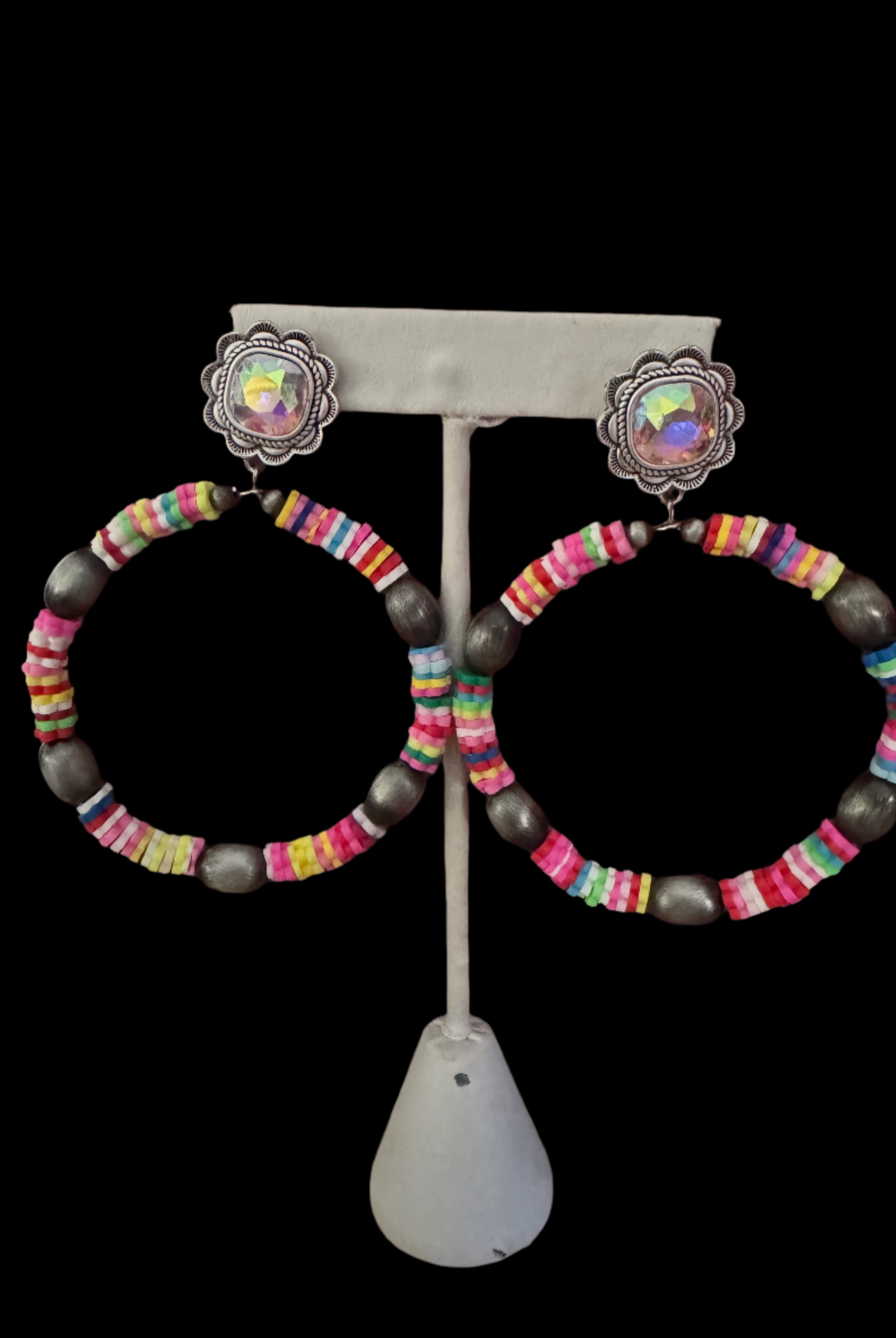 Large Western Beaded Hoop Earrings with AB Crystal Studs – Turquoise And Pink-Earrings-Deja Nu Tx-Deja Nu Boutique, Women's Fashion Boutique in Lampasas, Texas