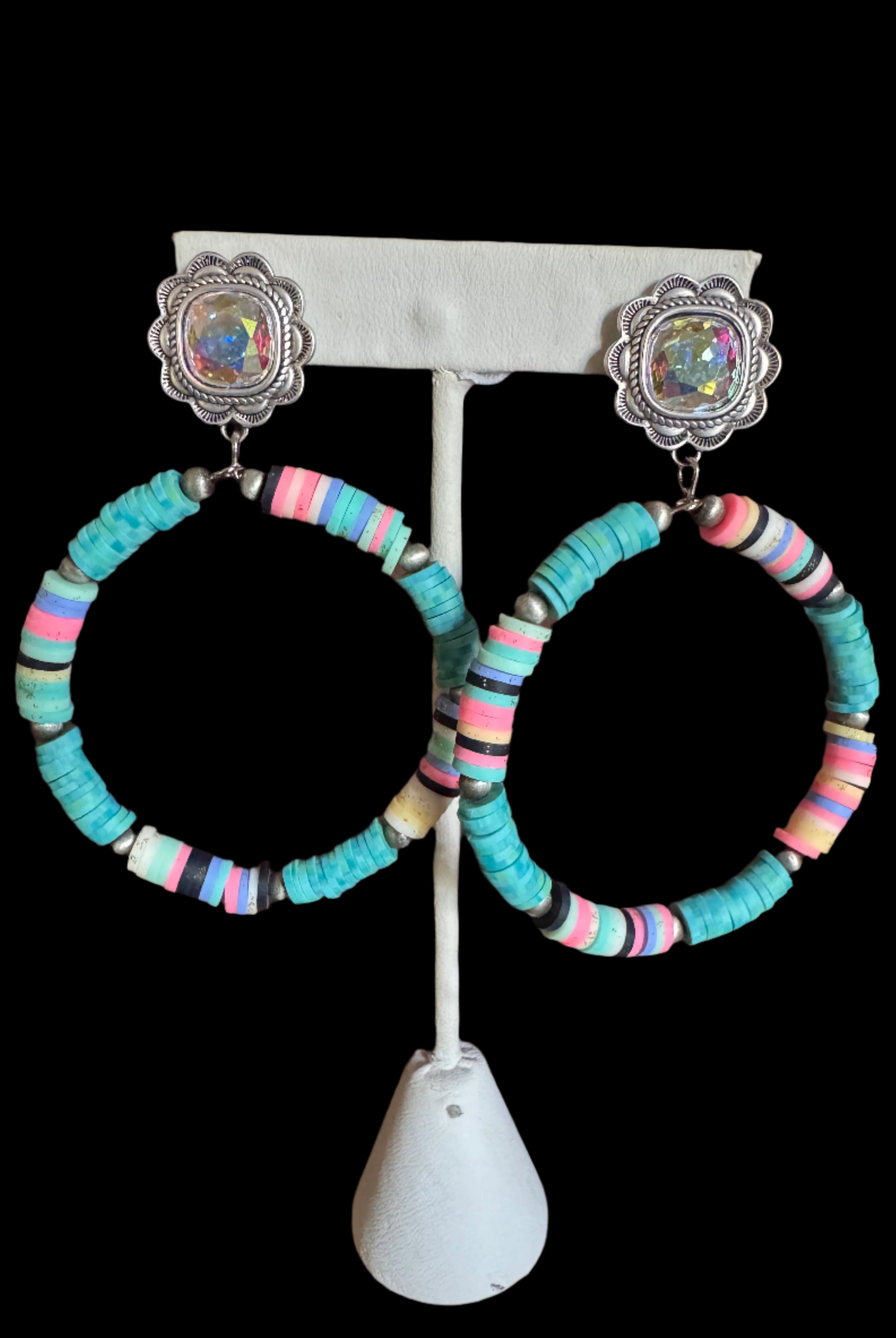 Large Western Beaded Hoop Earrings with AB Crystal Studs – Turquoise And Pink-Earrings-Deja Nu Tx-Deja Nu Boutique, Women's Fashion Boutique in Lampasas, Texas