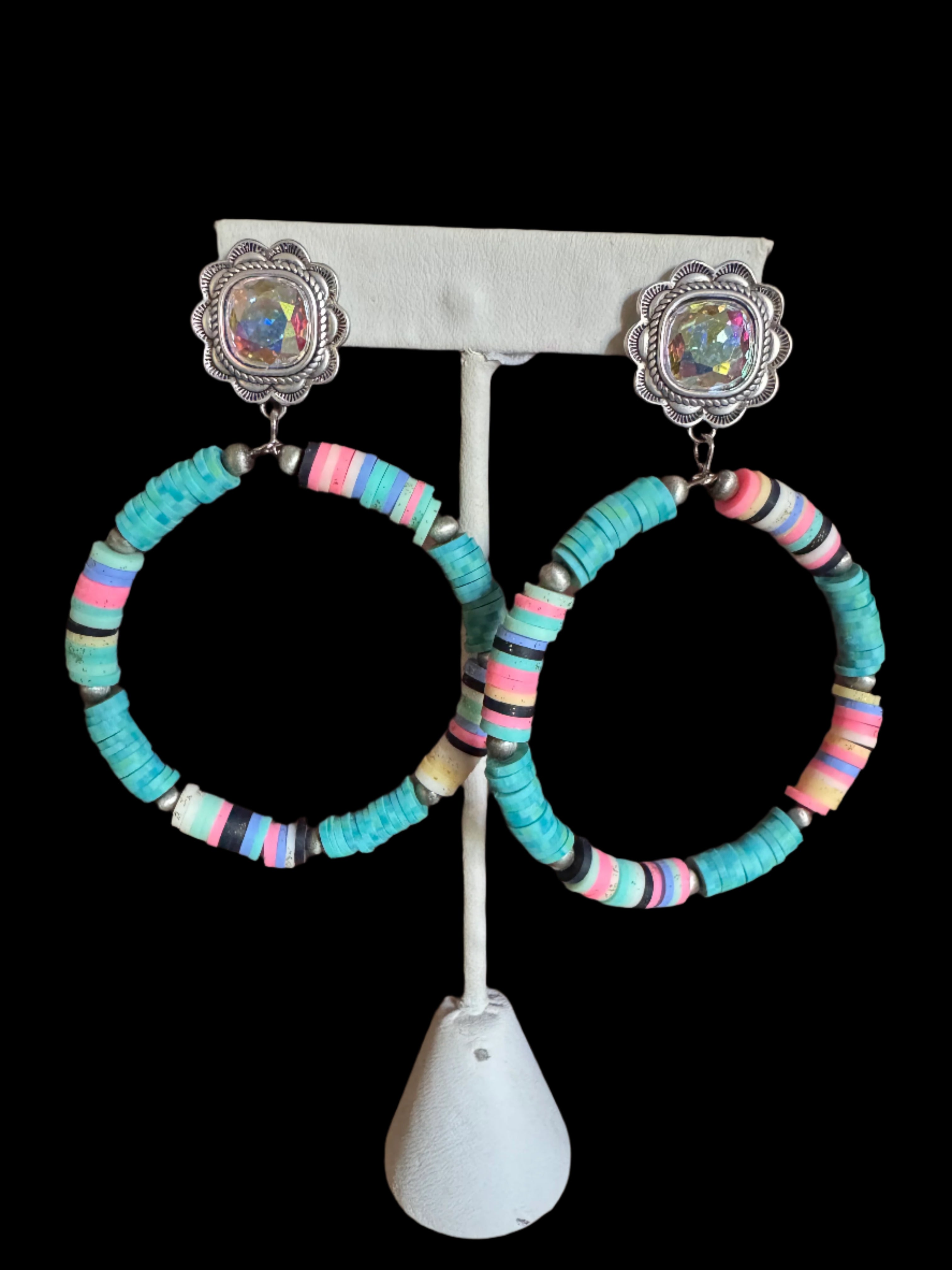 Large Western Beaded Hoop Earrings with AB Crystal Studs – Turquoise And Pink-Earrings-Deja Nu Tx-Deja Nu Boutique, Women's Fashion Boutique in Lampasas, Texas
