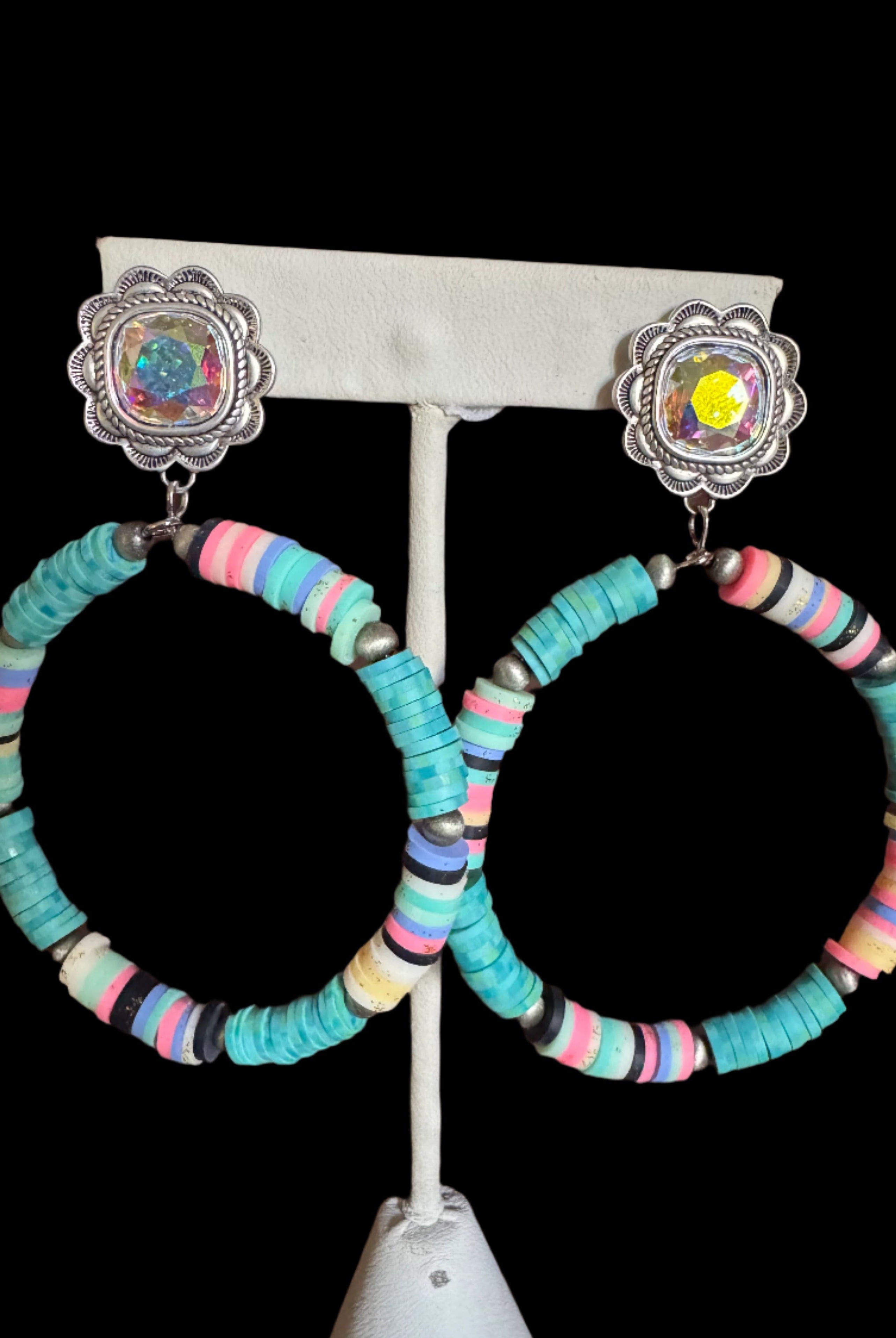 Large Western Beaded Hoop Earrings with AB Crystal Studs – Turquoise And Pink-Earrings-Deja Nu Tx-Deja Nu Boutique, Women's Fashion Boutique in Lampasas, Texas