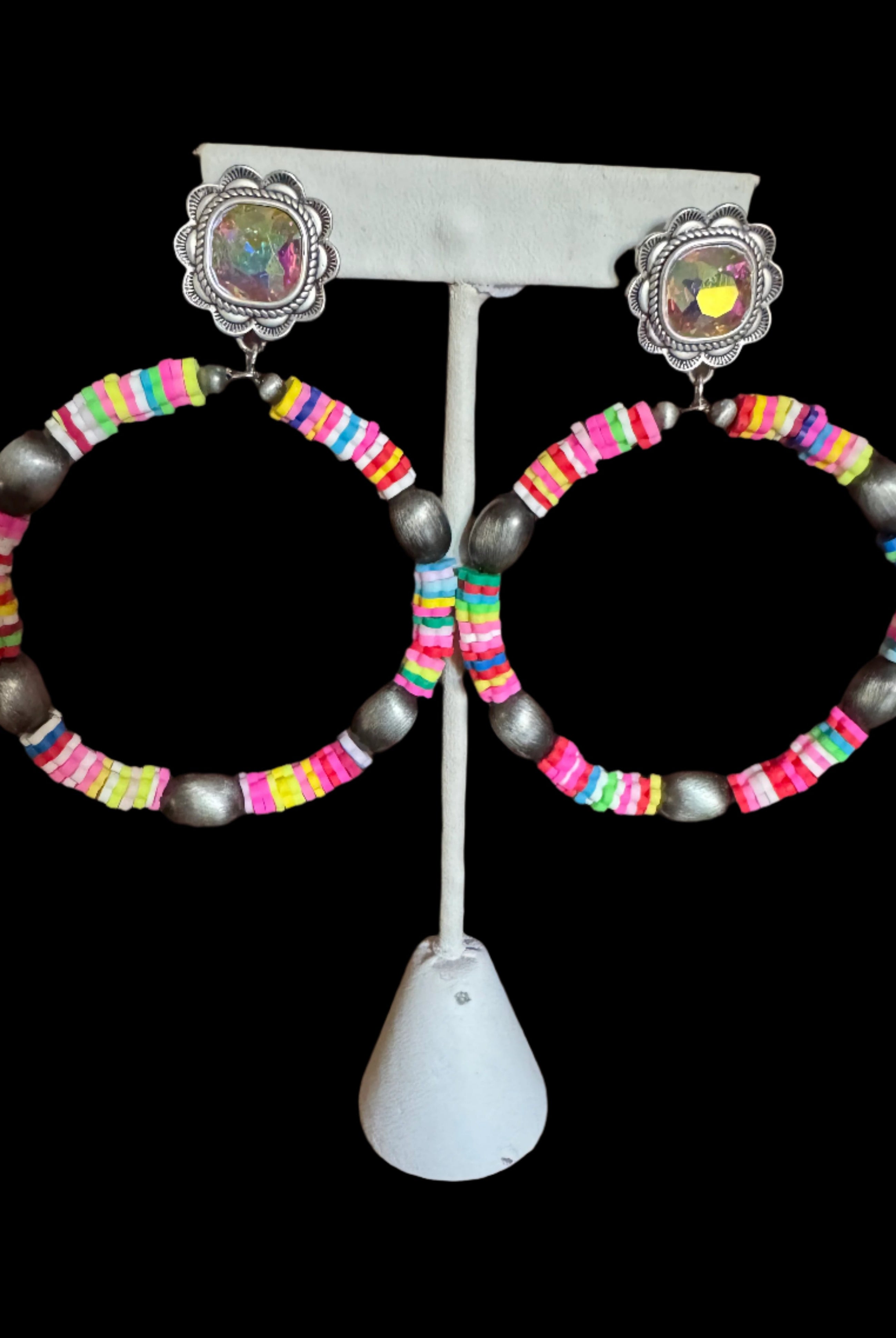 Large Western Beaded Hoop Earrings with AB Crystal Studs – Turquoise And Pink-Earrings-Deja Nu Tx-Deja Nu Boutique, Women's Fashion Boutique in Lampasas, Texas