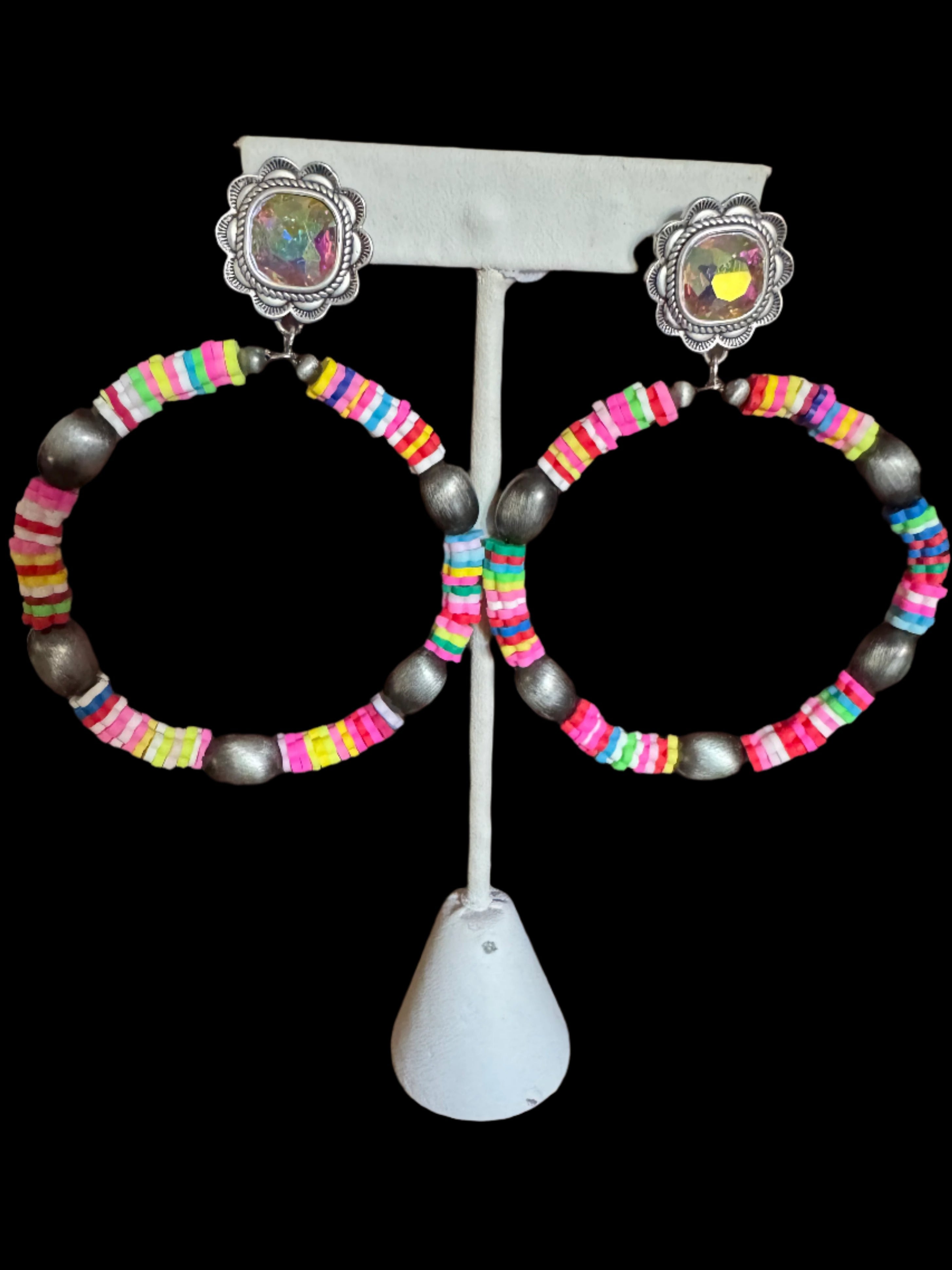 Large Western Beaded Hoop Earrings with AB Crystal Studs – Turquoise And Pink-Earrings-Deja Nu Tx-Deja Nu Boutique, Women's Fashion Boutique in Lampasas, Texas