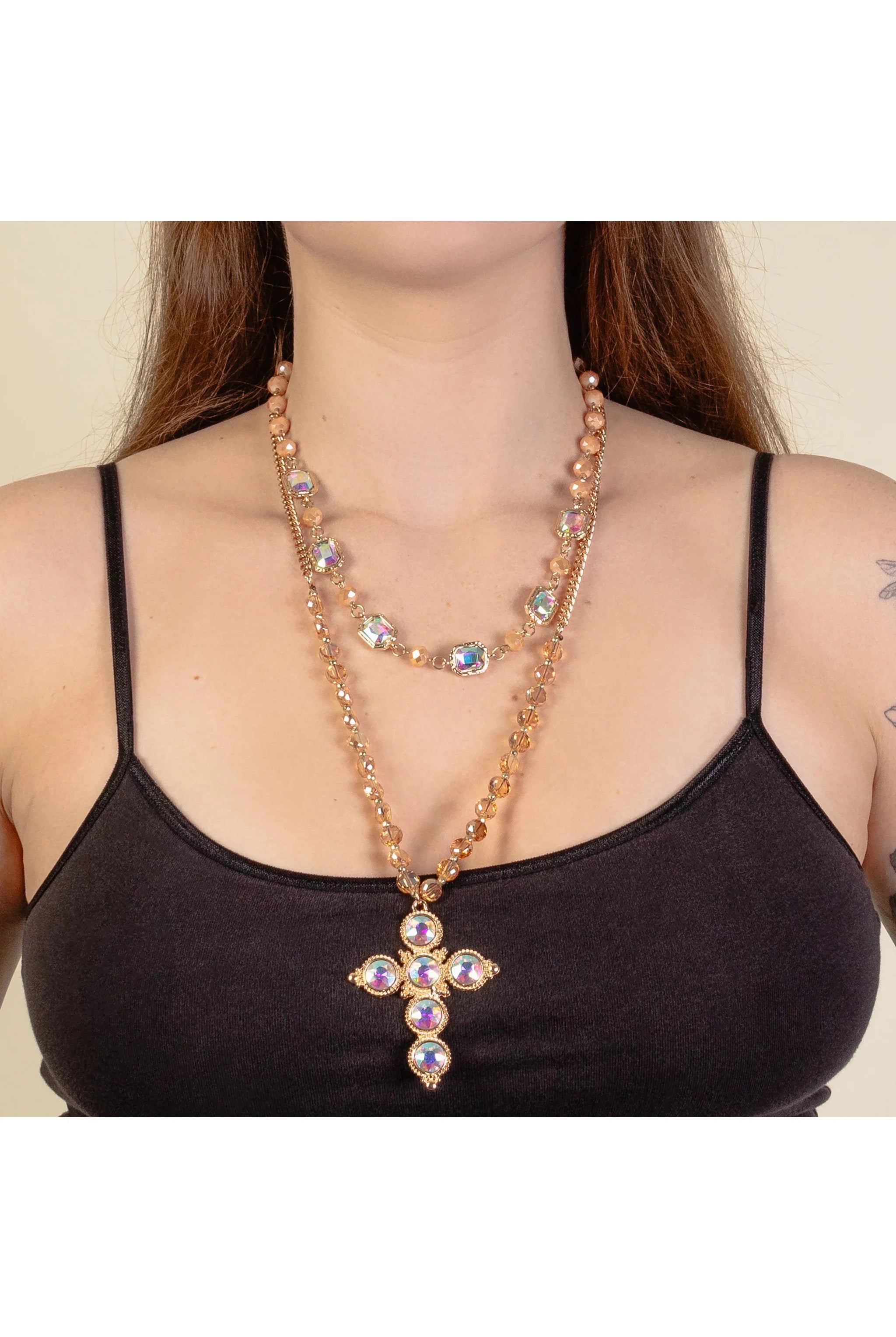 Layered Champagne Necklace With Crystal Accents And Gold Chain AB Cross Pendant-Necklaces-Deja Nu-Deja Nu Boutique, Women's Fashion Boutique in Lampasas, Texas