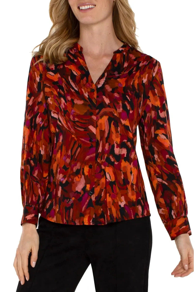 Liverpool Abstract Print Button Up Shirt In Painted Cedar-Tops-Liverpool-Deja Nu Boutique, Women's Fashion Boutique in Lampasas, Texas