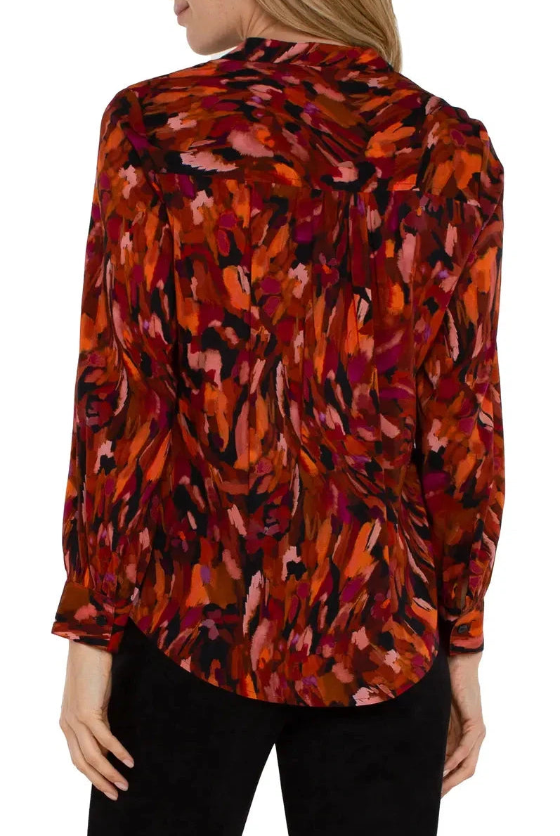 Liverpool Abstract Print Button Up Shirt In Painted Cedar-Tops-Liverpool-Deja Nu Boutique, Women's Fashion Boutique in Lampasas, Texas