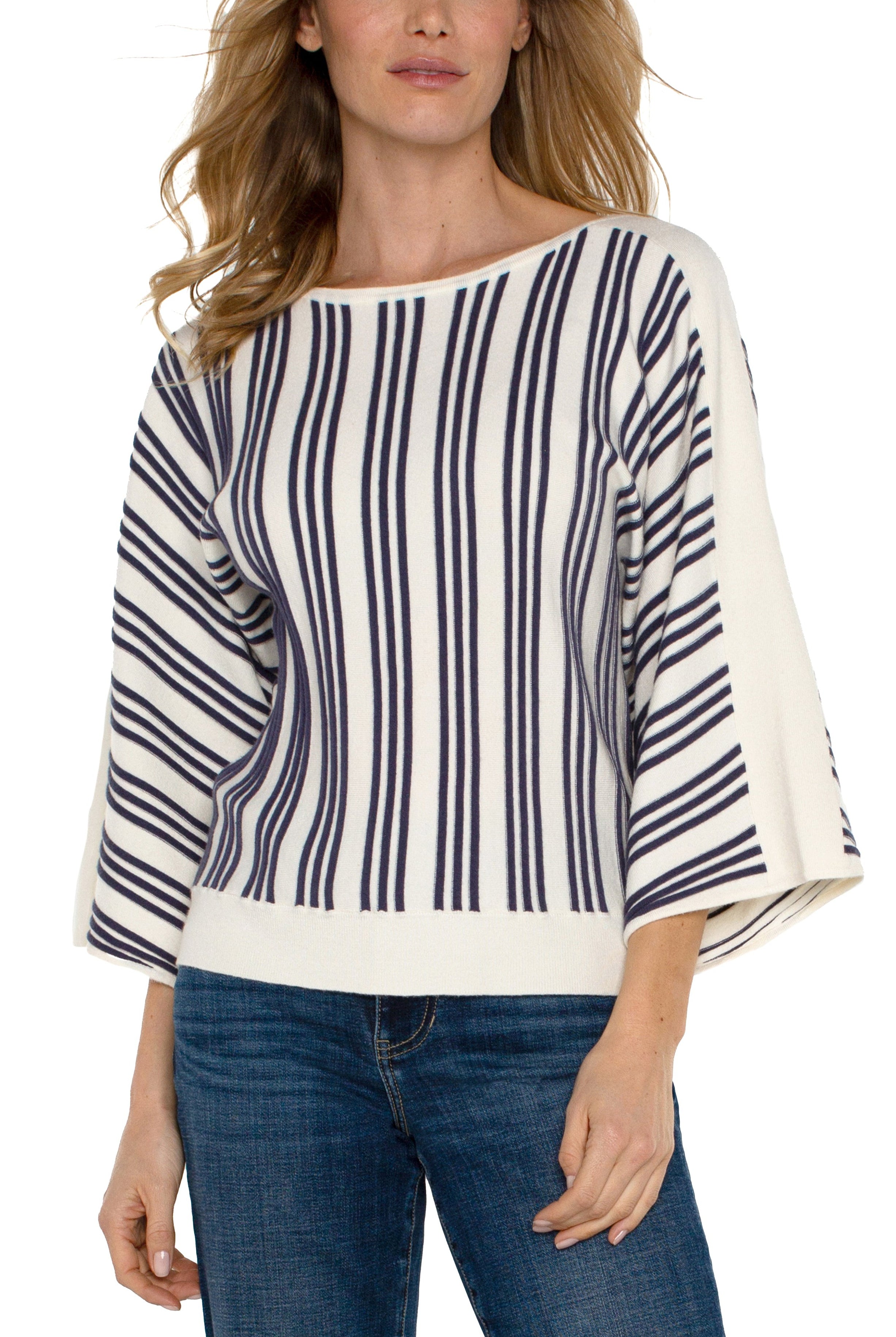 Liverpool Boat Neck Dolman Sleeve Stripe Sweater In Cream And Navy-Sweaters-Liverpool-Deja Nu Boutique, Women's Fashion Boutique in Lampasas, Texas