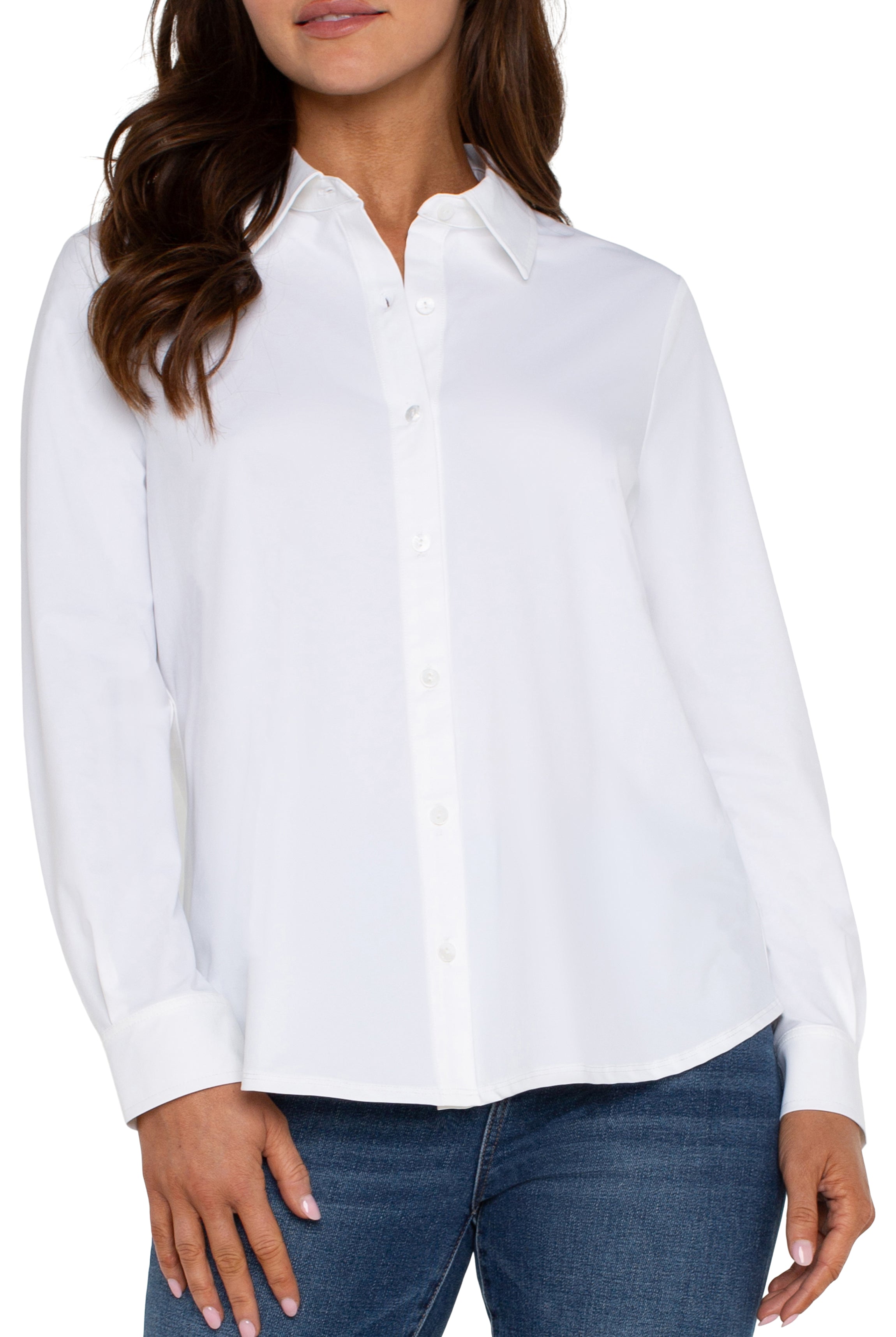 Liverpool Button Front Knit Shirt In White-shirts-Liverpool-Deja Nu Boutique, Women's Fashion Boutique in Lampasas, Texas