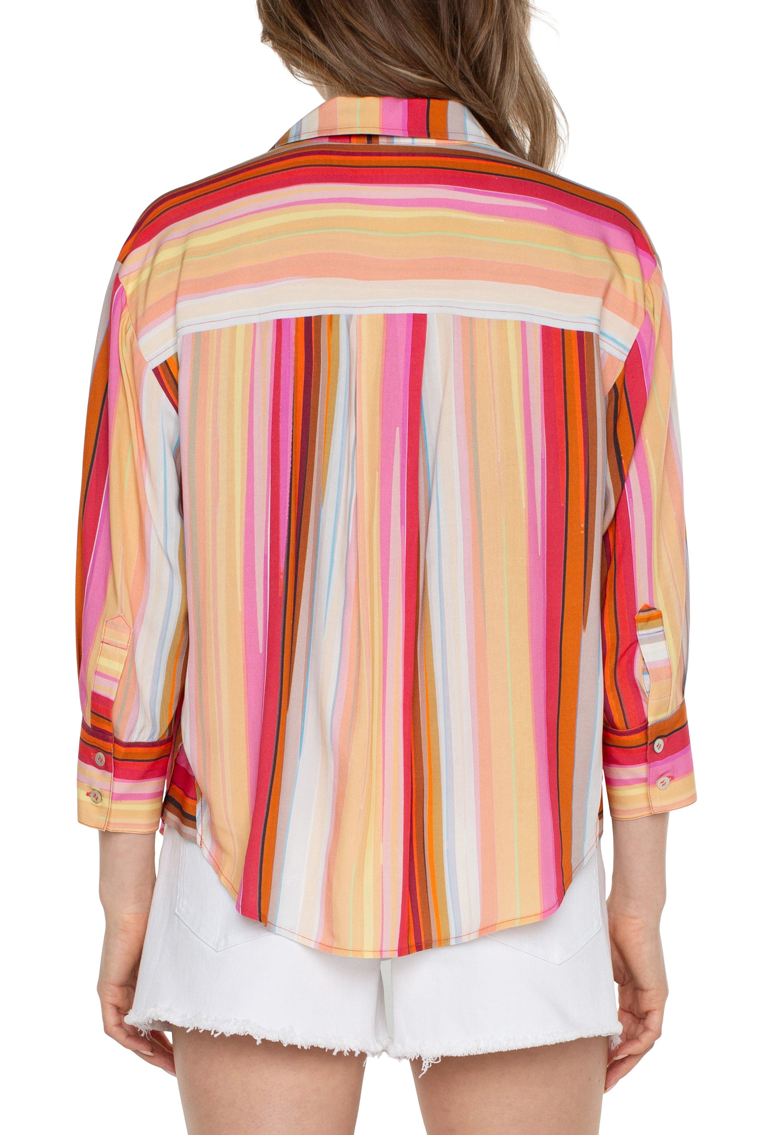 Liverpool Button Front Shirt With Three Fourth Sleeves In Berry Blossom Multi Stripe-Tops-Liverpool-Deja Nu Boutique, Women's Fashion Boutique in Lampasas, Texas