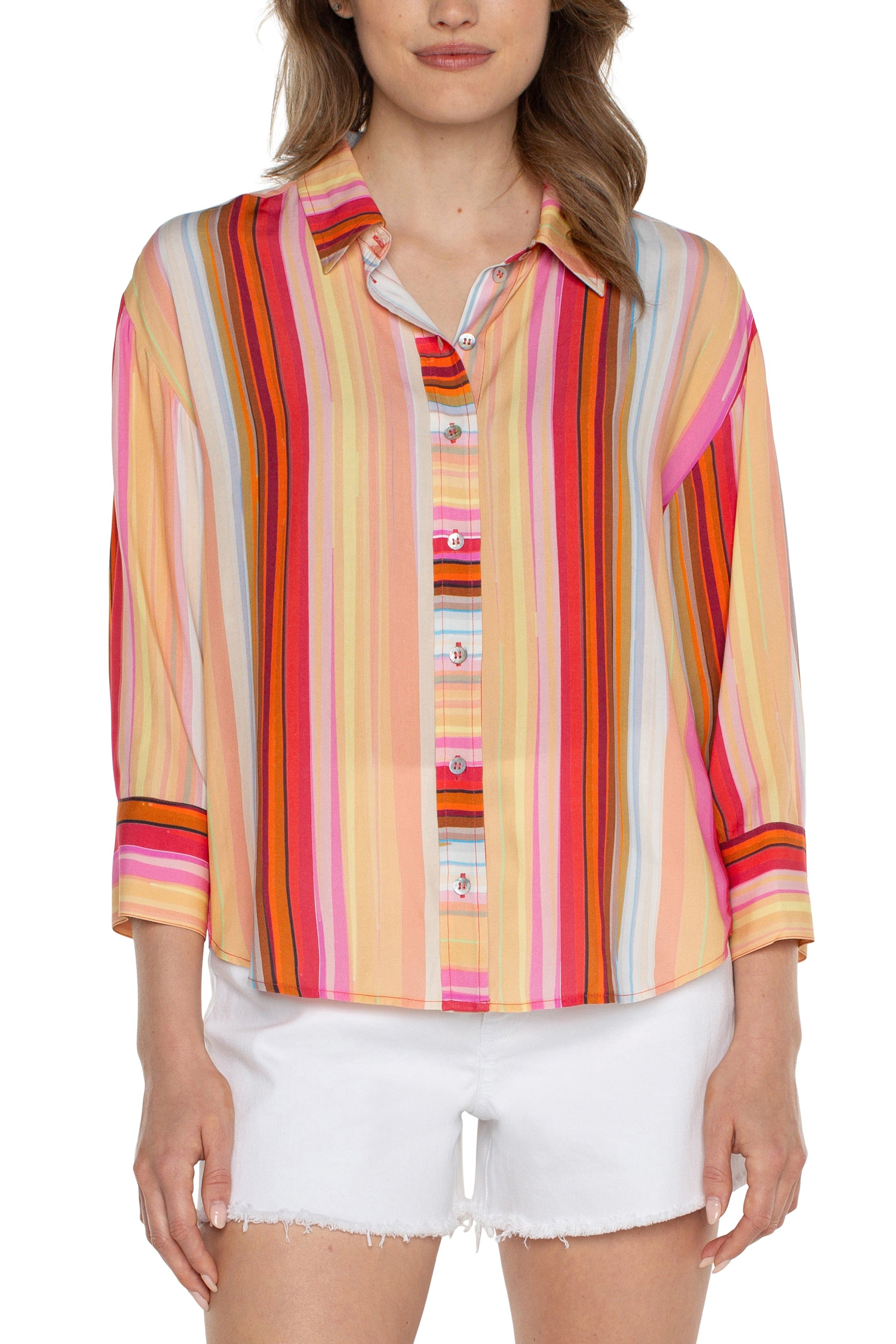 Liverpool Button Front Shirt With Three Fourth Sleeves In Berry Blossom Multi Stripe-Tops-Liverpool-Deja Nu Boutique, Women's Fashion Boutique in Lampasas, Texas