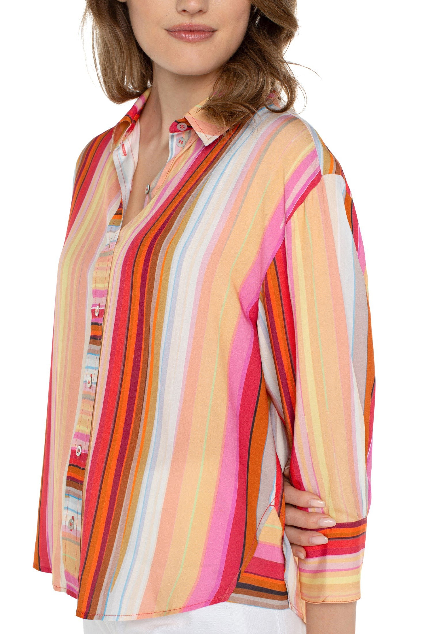 Liverpool Button Front Shirt With Three Fourth Sleeves In Berry Blossom Multi Stripe-Tops-Liverpool-Deja Nu Boutique, Women's Fashion Boutique in Lampasas, Texas