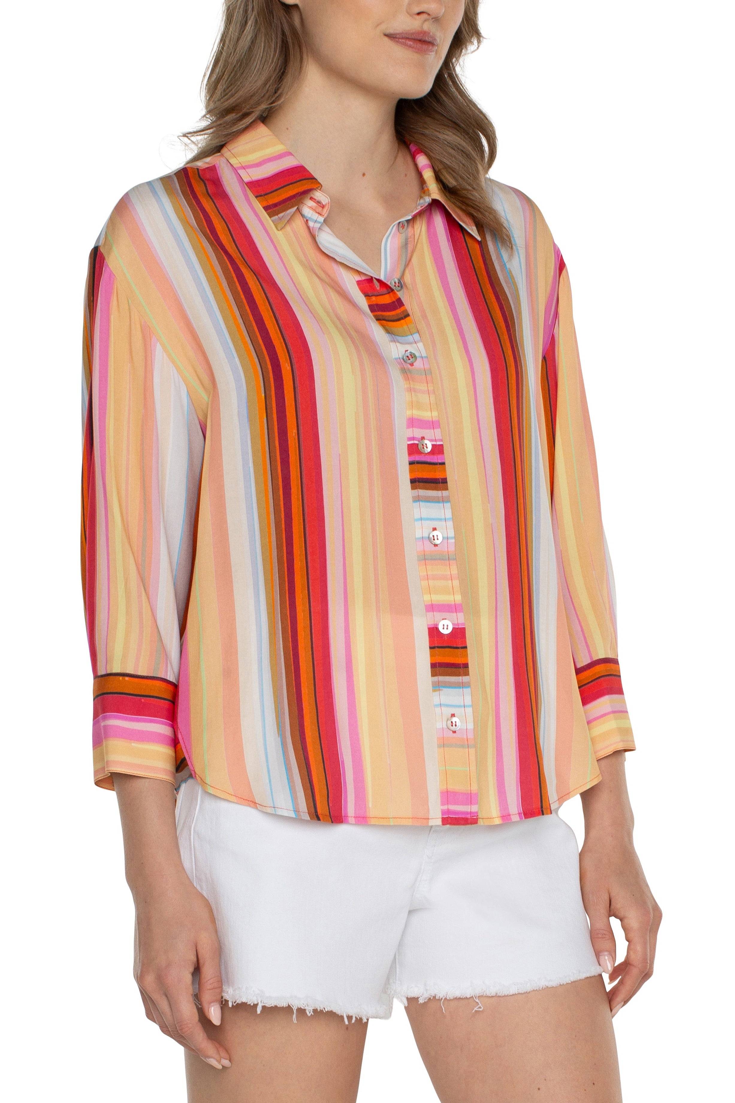 Liverpool Button Front Shirt With Three Fourth Sleeves In Berry Blossom Multi Stripe-Tops-Liverpool-Deja Nu Boutique, Women's Fashion Boutique in Lampasas, Texas