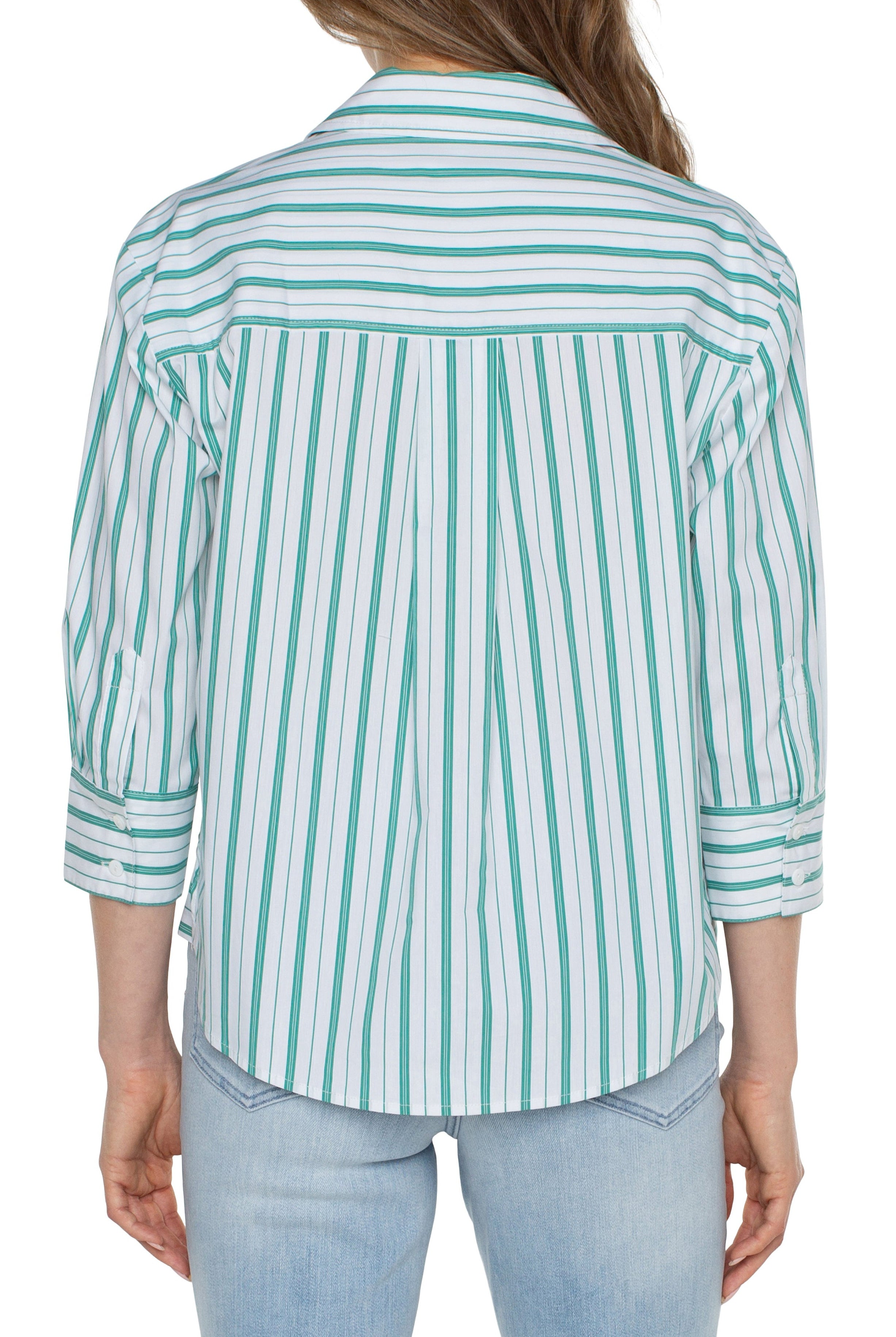 Liverpool Button Front Shirt With Three Fourths Sleeve In Teal White Green Stripe-Tops-Liverpool-Deja Nu Boutique, Women's Fashion Boutique in Lampasas, Texas