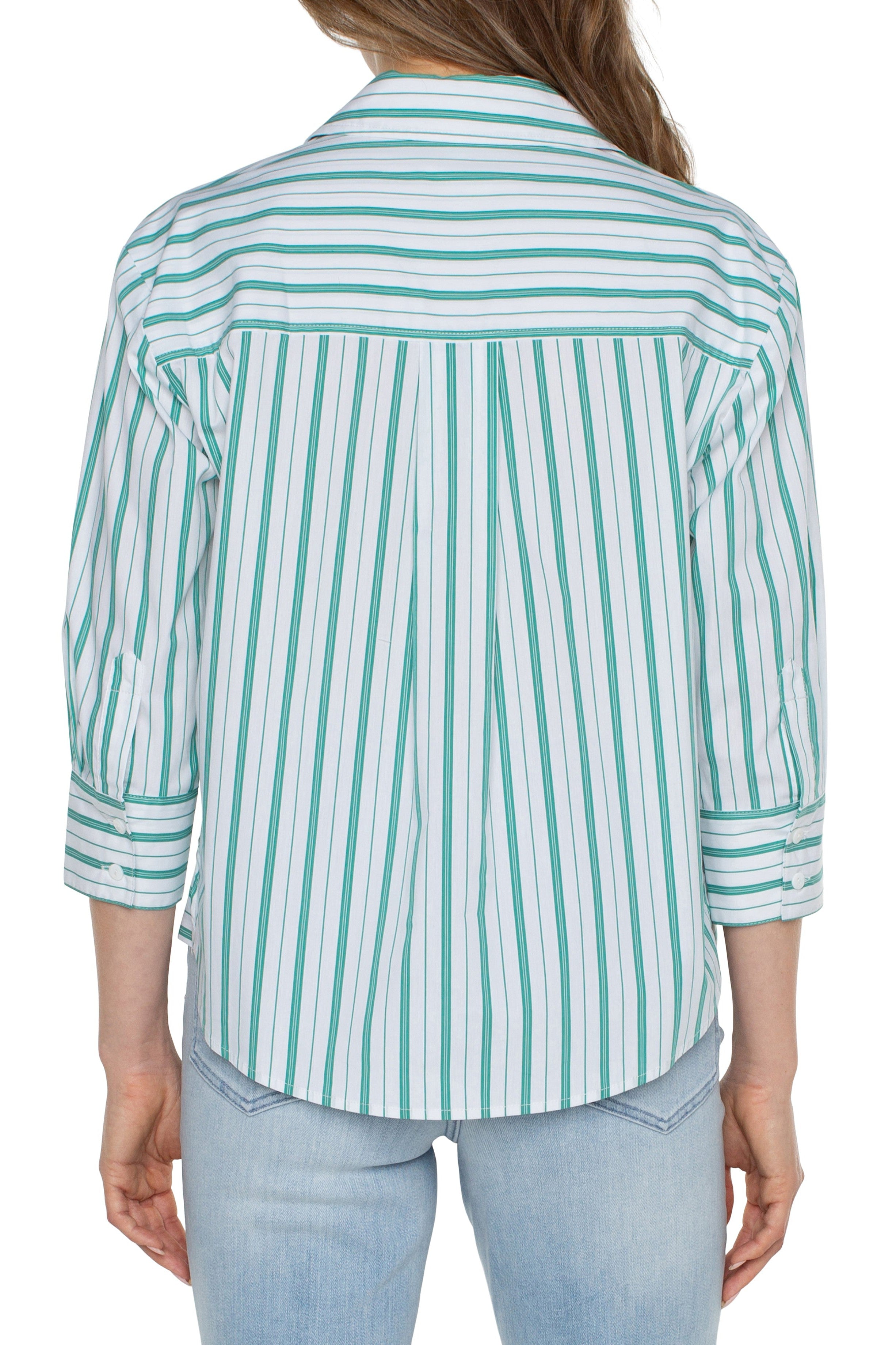 Liverpool Button Front Shirt With Three Fourths Sleeve In Teal White Green Stripe-Tops-Liverpool-Deja Nu Boutique, Women's Fashion Boutique in Lampasas, Texas