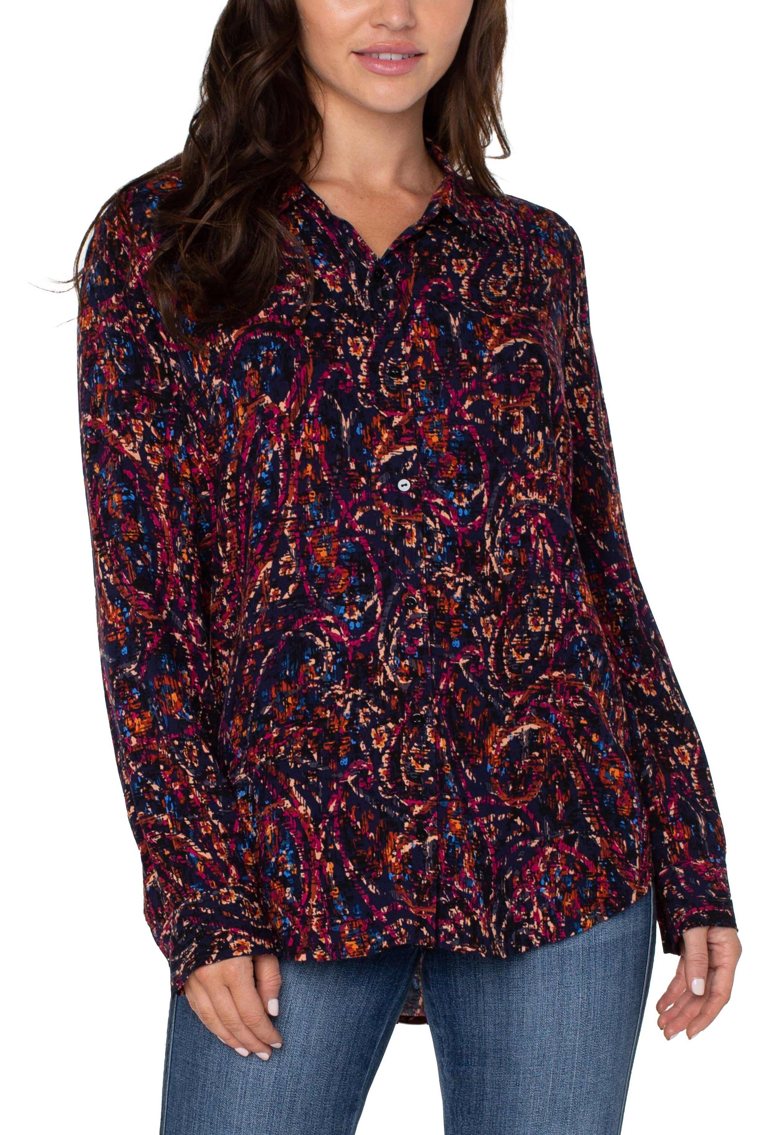 Liverpool Button Up Woven Blouse With Batik Paisley Print-Tops-Liverpool-Deja Nu Boutique, Women's Fashion Boutique in Lampasas, Texas