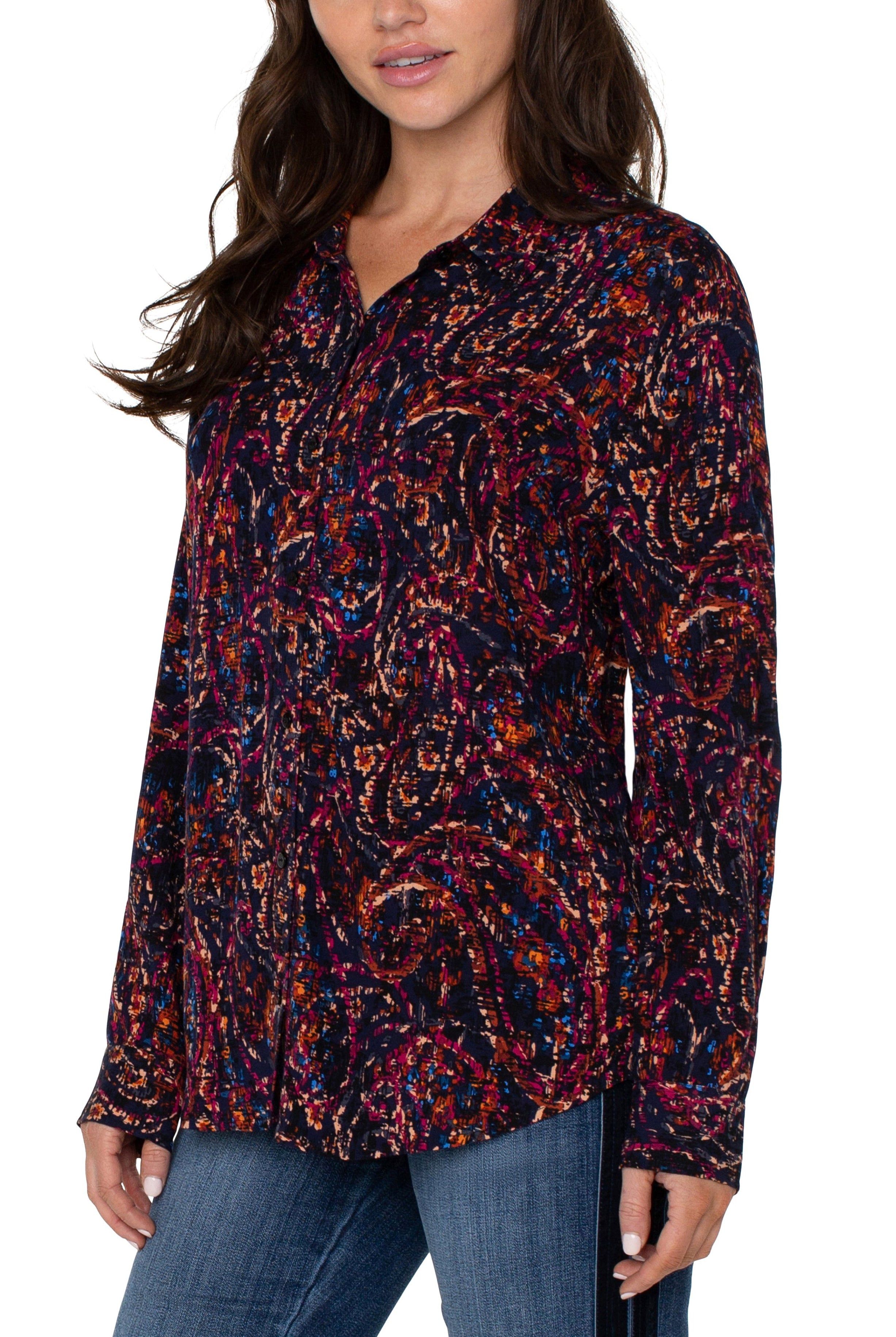 Liverpool Button Up Woven Blouse With Batik Paisley Print-Tops-Liverpool-Deja Nu Boutique, Women's Fashion Boutique in Lampasas, Texas