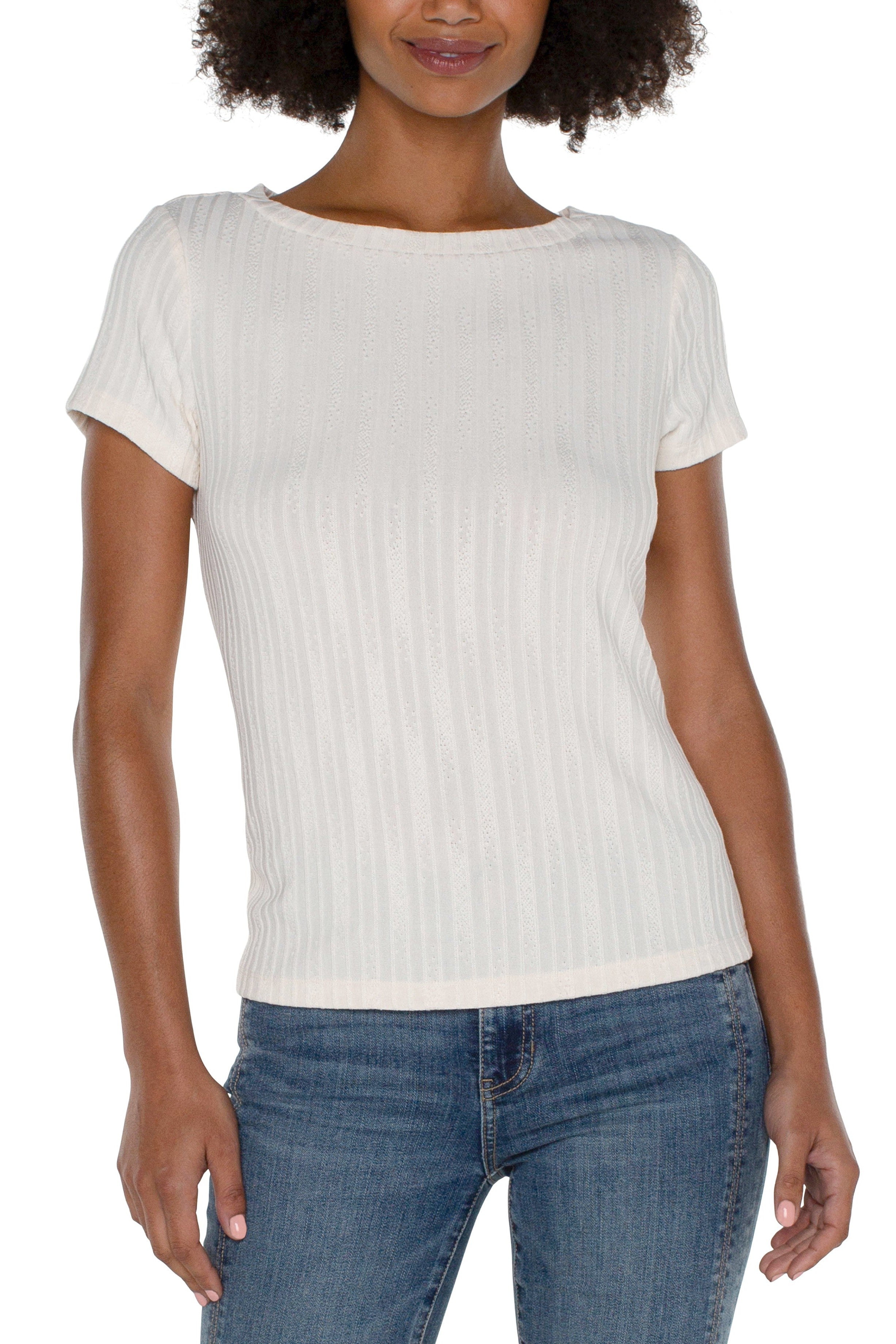 Liverpool Cap Sleeve Boat Neck Baby Tee In French Cream-Tops-Liverpool-Deja Nu Boutique, Women's Fashion Boutique in Lampasas, Texas