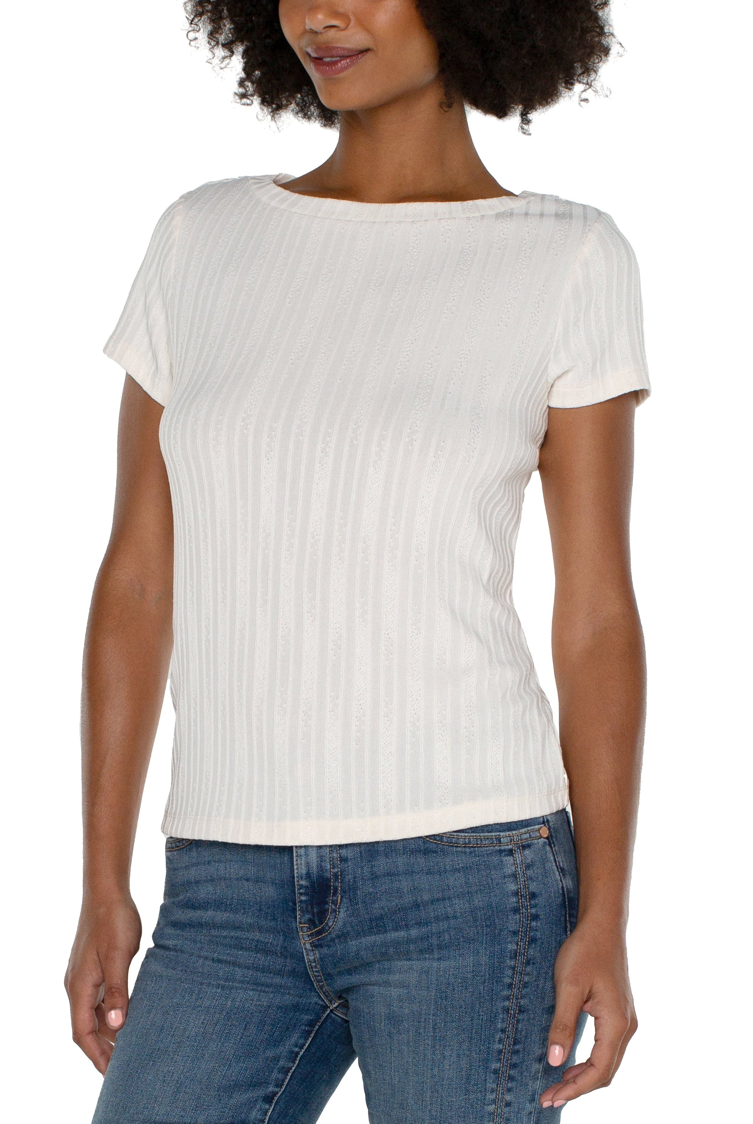 Liverpool Cap Sleeve Boat Neck Baby Tee In French Cream-Tops-Liverpool-Deja Nu Boutique, Women's Fashion Boutique in Lampasas, Texas