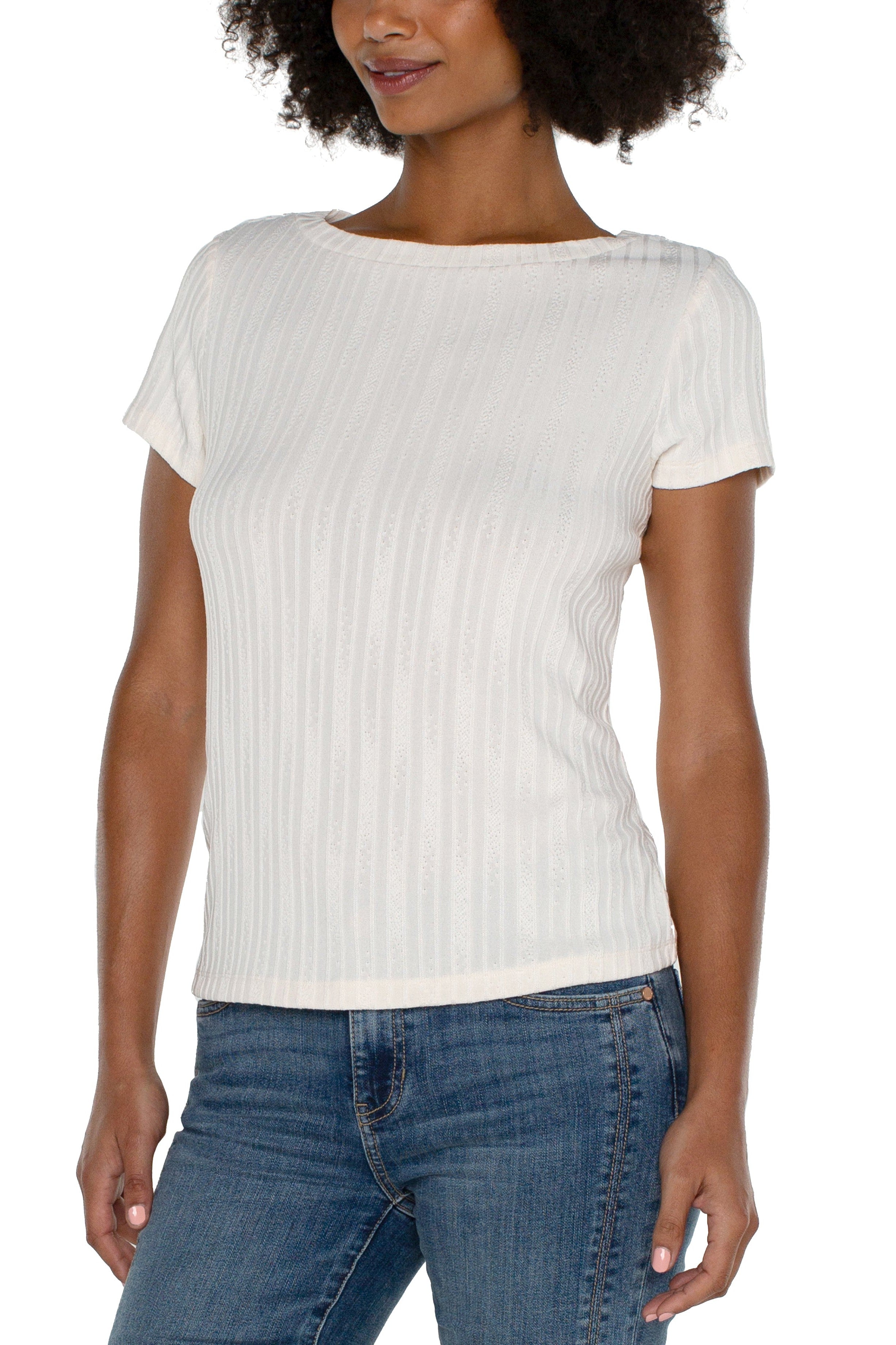 Liverpool Cap Sleeve Boat Neck Baby Tee In French Cream-Tops-Liverpool-Deja Nu Boutique, Women's Fashion Boutique in Lampasas, Texas