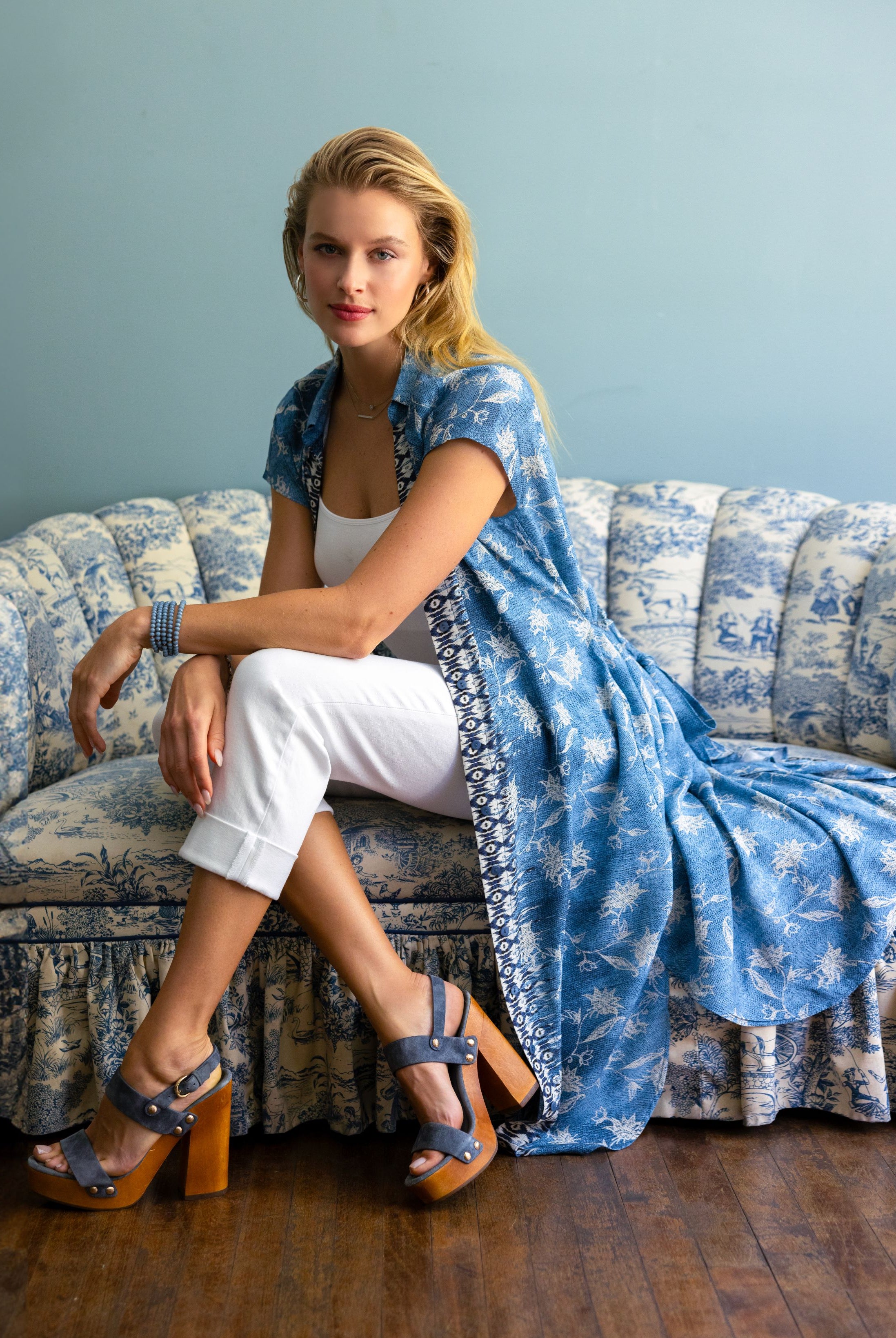 Liverpool Collard Button Front Dress With Belt In Blue Patchwork Floral-Dresses-Liverpool-Deja Nu Boutique, Women's Fashion Boutique in Lampasas, Texas