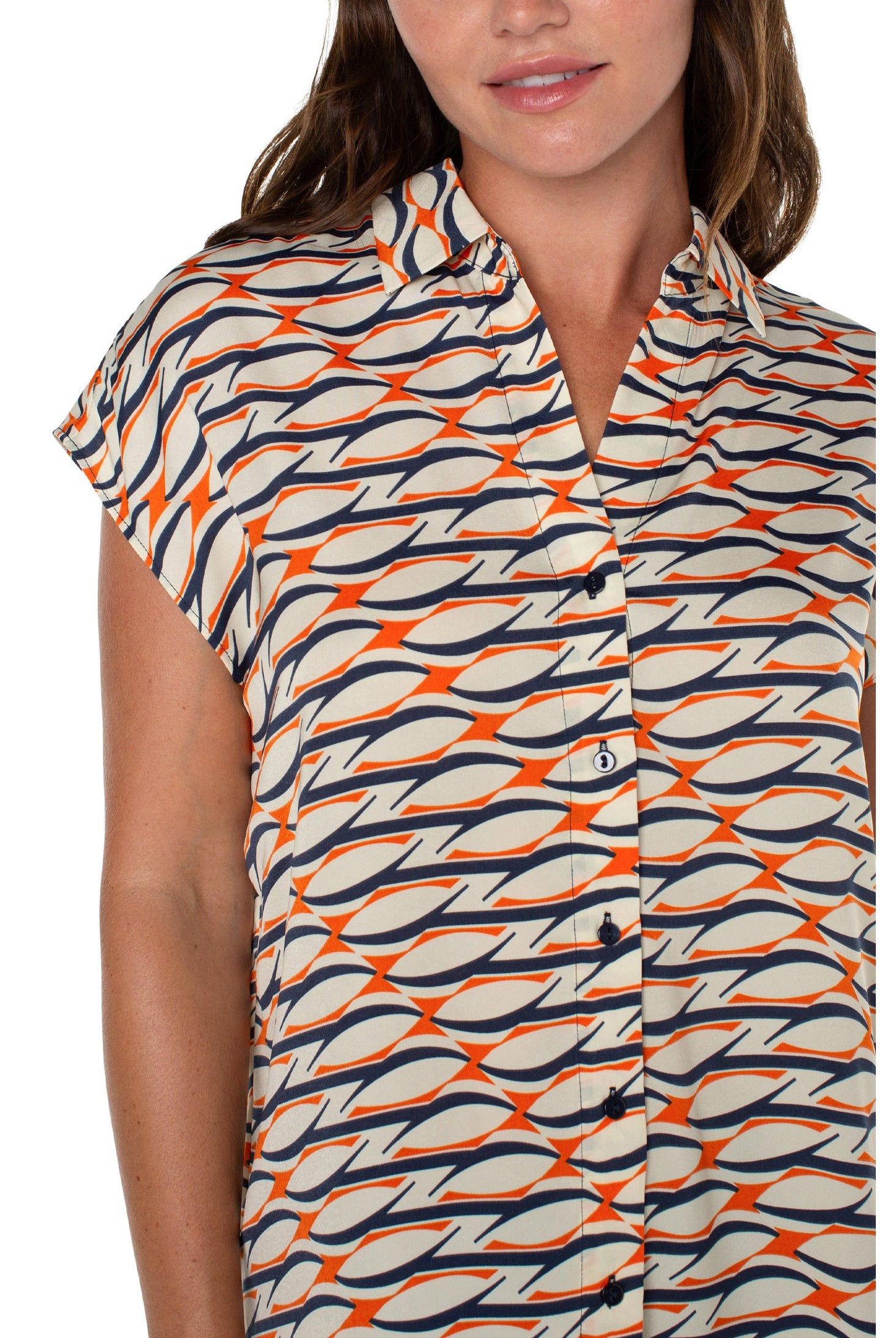 Liverpool Dolman Sleeve Blouse With Collar And Button Front In Lava Geo-Tops-Liverpool-Deja Nu Boutique, Women's Fashion Boutique in Lampasas, Texas