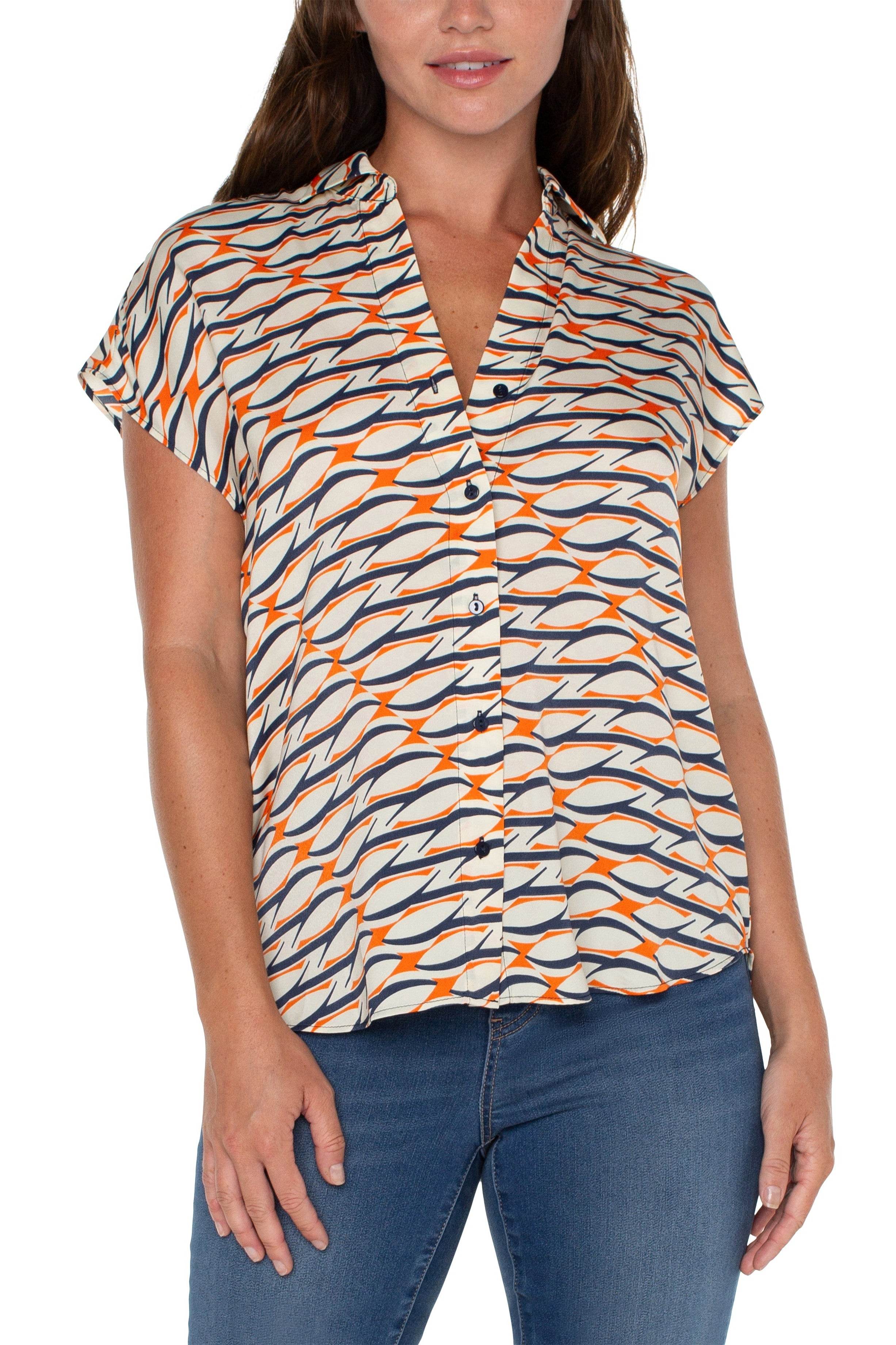 Liverpool Dolman Sleeve Blouse With Collar And Button Front In Lava Geo-Tops-Liverpool-Deja Nu Boutique, Women's Fashion Boutique in Lampasas, Texas