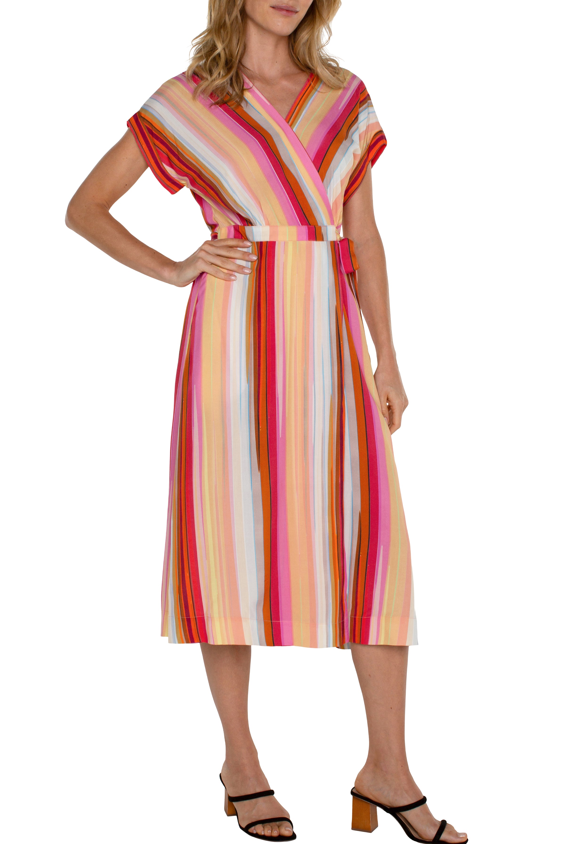 Liverpool Dolman Wrap Front Midi Dress In Berry Blossom Multi Stripe-Midi Dresses-Liverpool-Deja Nu Boutique, Women's Fashion Boutique in Lampasas, Texas