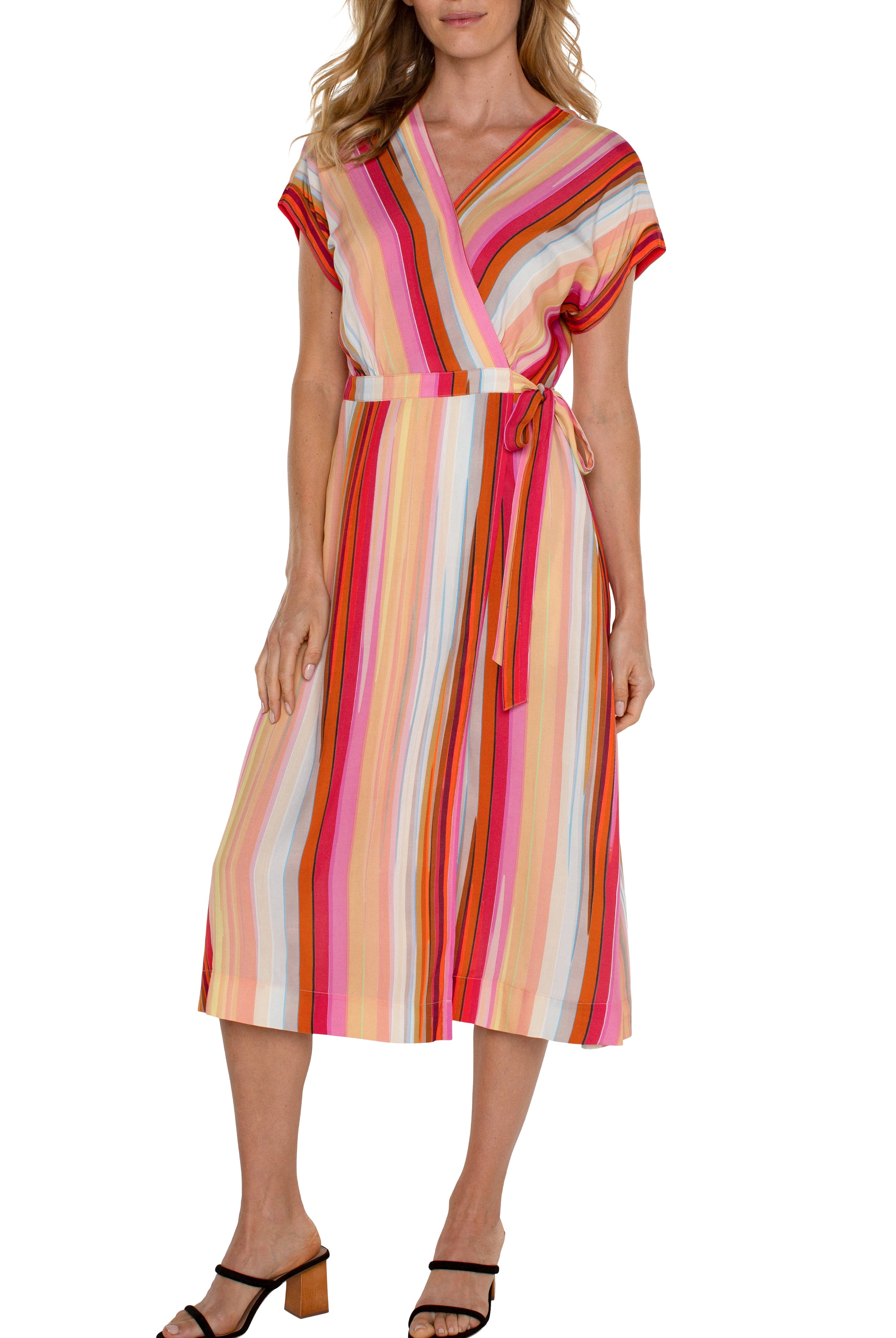 Liverpool Dolman Wrap Front Midi Dress In Berry Blossom Multi Stripe-Midi Dresses-Liverpool-Deja Nu Boutique, Women's Fashion Boutique in Lampasas, Texas