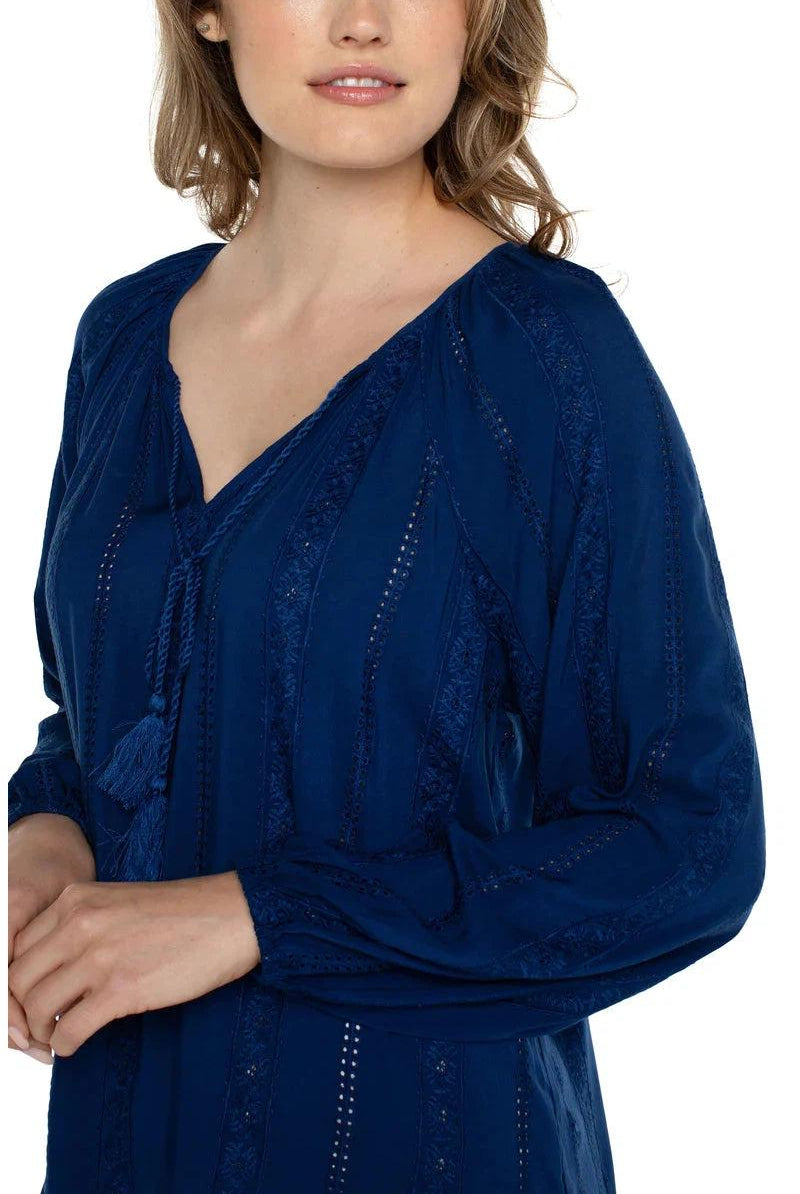 Liverpool Embroidered Shirred Blouse With Neck Ties In Night Sky Blue-Tops-Liverpool-Deja Nu Boutique, Women's Fashion Boutique in Lampasas, Texas