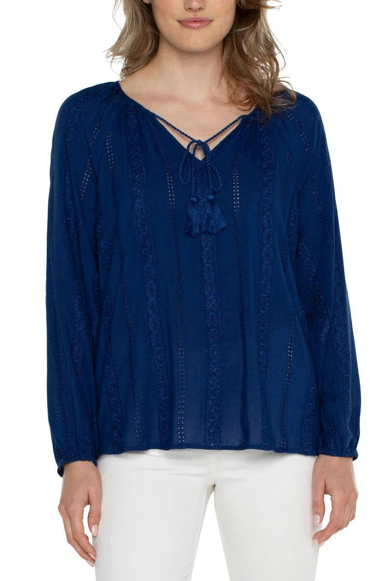 Liverpool Embroidered Shirred Blouse With Neck Ties In Night Sky Blue-Tops-Liverpool-Deja Nu Boutique, Women's Fashion Boutique in Lampasas, Texas