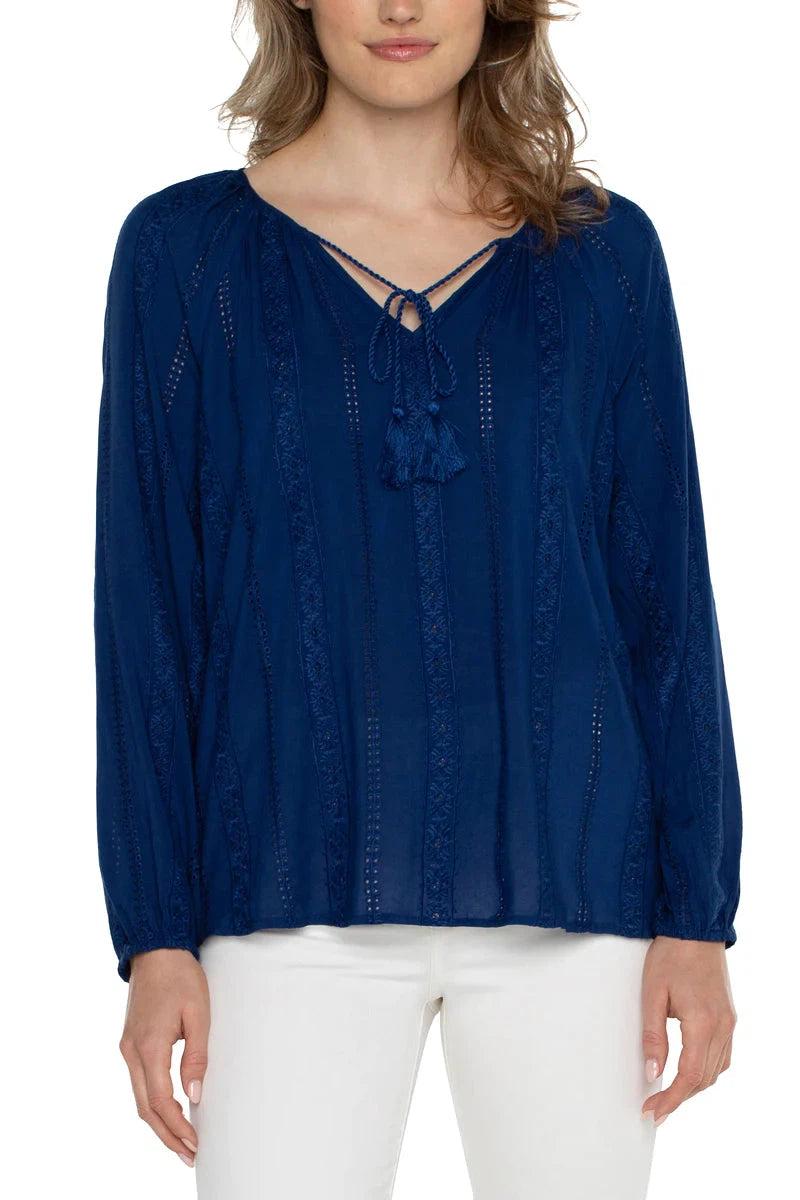 Liverpool Embroidered Shirred Blouse With Neck Ties In Night Sky Blue-Tops-Liverpool-Deja Nu Boutique, Women's Fashion Boutique in Lampasas, Texas