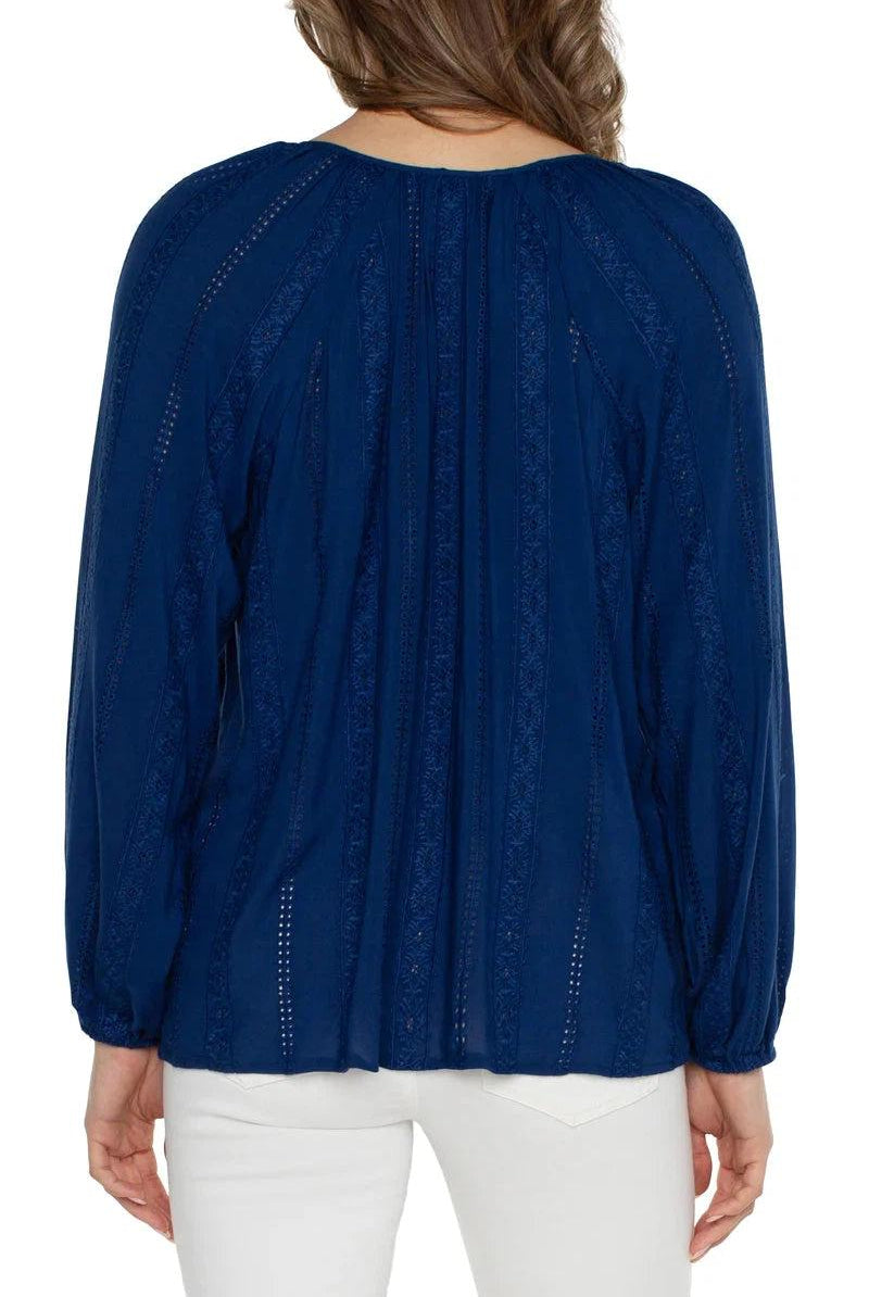 Liverpool Embroidered Shirred Blouse With Neck Ties In Night Sky Blue-Tops-Liverpool-Deja Nu Boutique, Women's Fashion Boutique in Lampasas, Texas