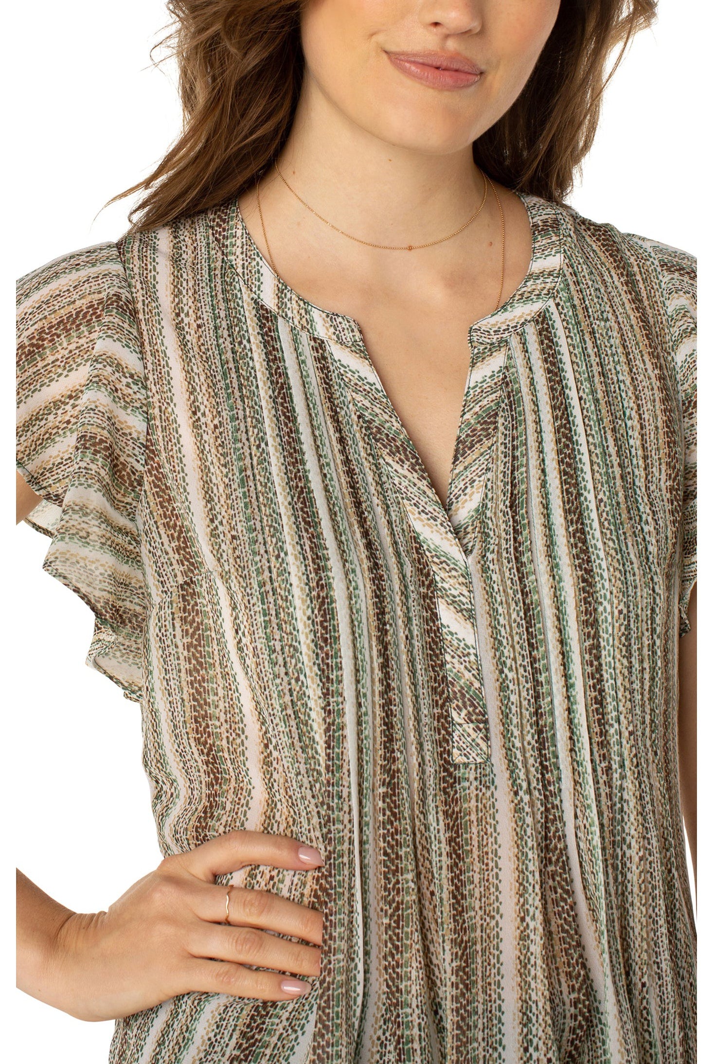 Liverpool Flutter Sleeve Popover Blouse With Pin Tuck In Animal Multi Stripe Print-Tops-Liverpool-Deja Nu Boutique, Women's Fashion Boutique in Lampasas, Texas