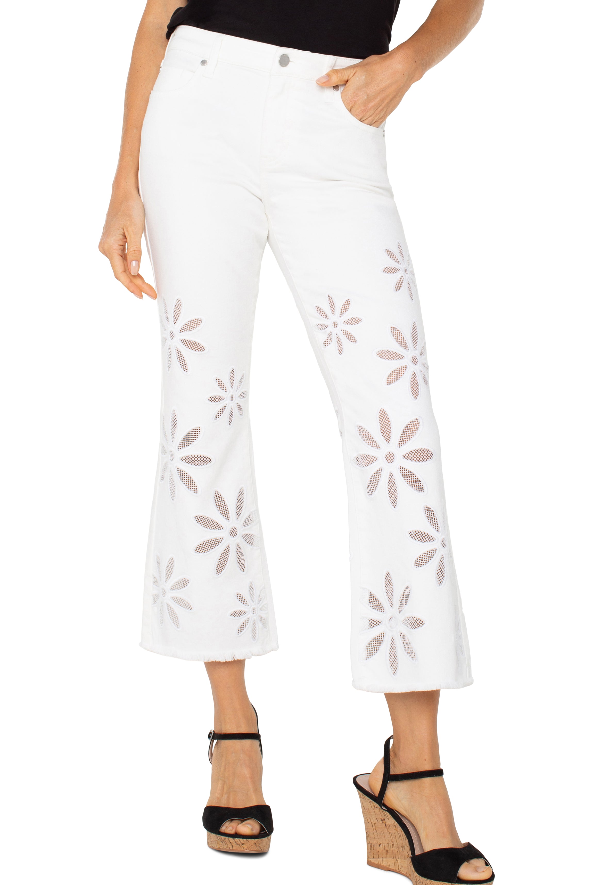 Liverpool Hannah White Daisy Crop Flare Jeans with Fray Hem-Jeans-Liverpool-Deja Nu Boutique, Women's Fashion Boutique in Lampasas, Texas