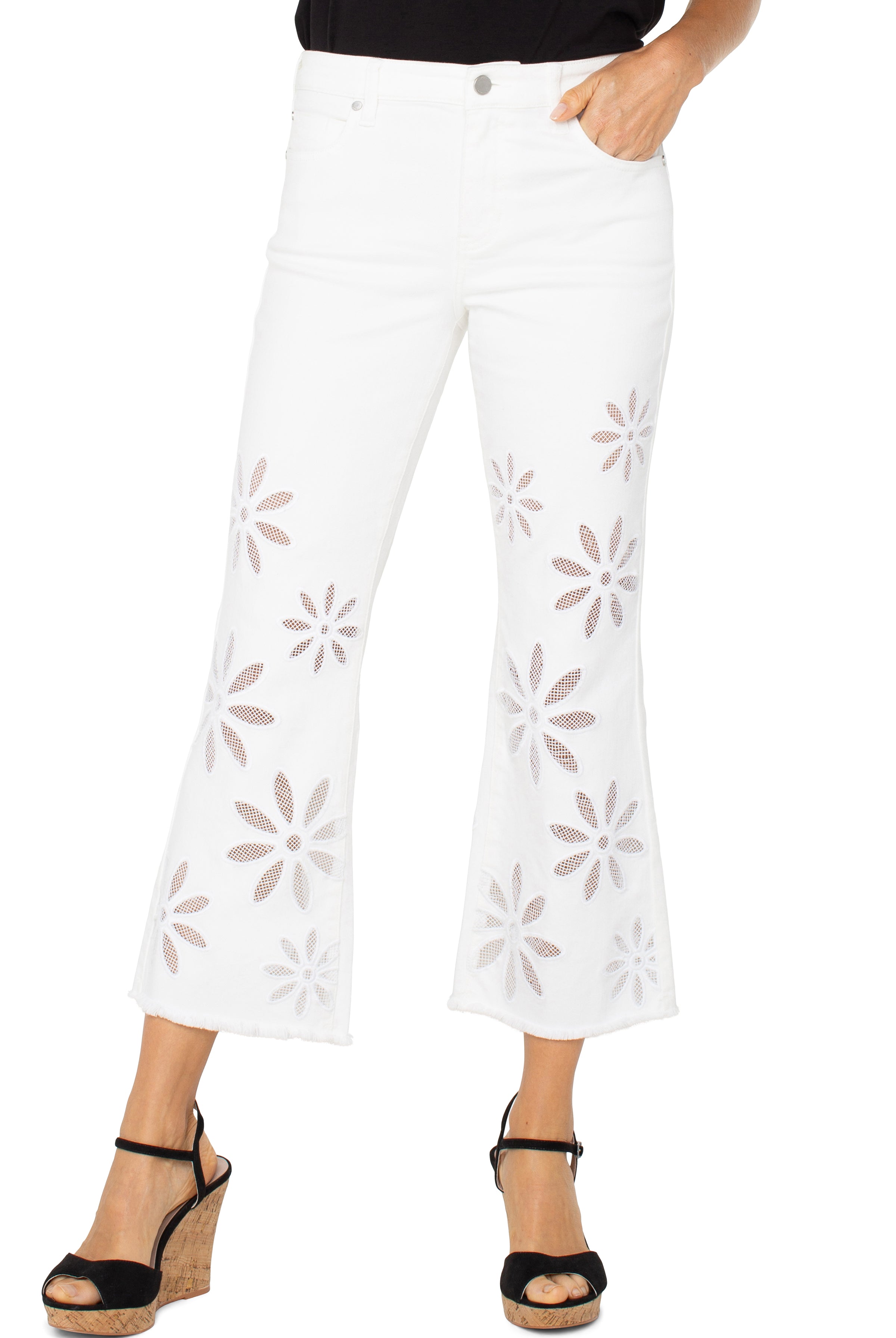 Liverpool Hannah White Daisy Crop Flare Jeans with Fray Hem-Jeans-Liverpool-Deja Nu Boutique, Women's Fashion Boutique in Lampasas, Texas