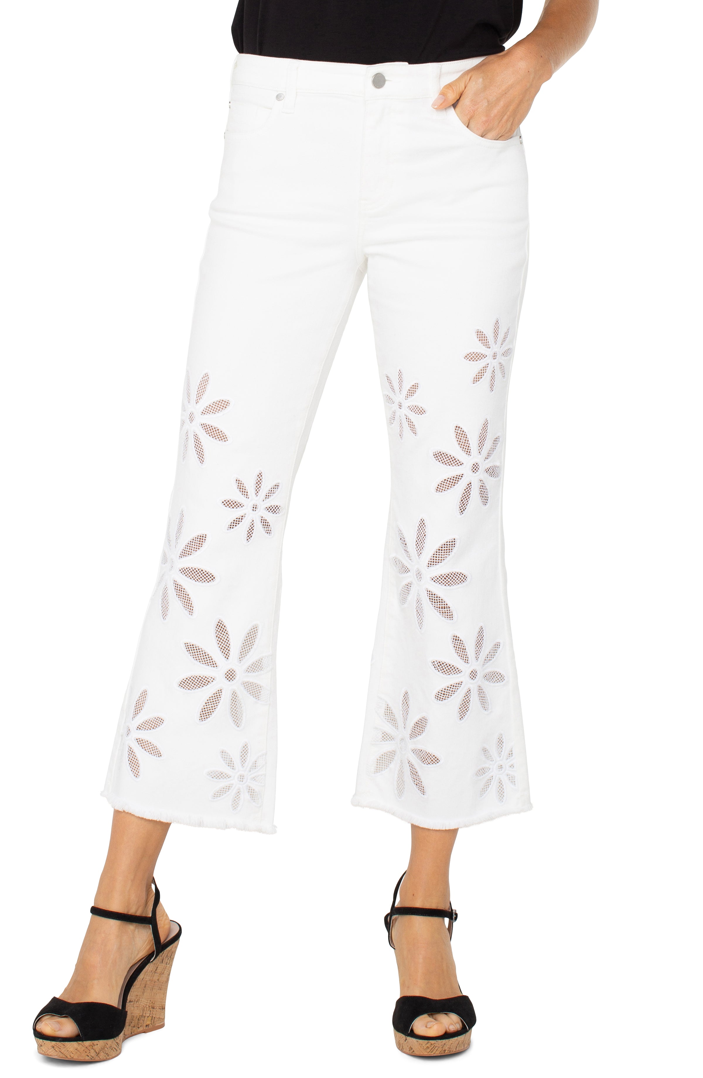 Liverpool Hannah White Daisy Crop Flare Jeans with Fray Hem-Jeans-Liverpool-Deja Nu Boutique, Women's Fashion Boutique in Lampasas, Texas
