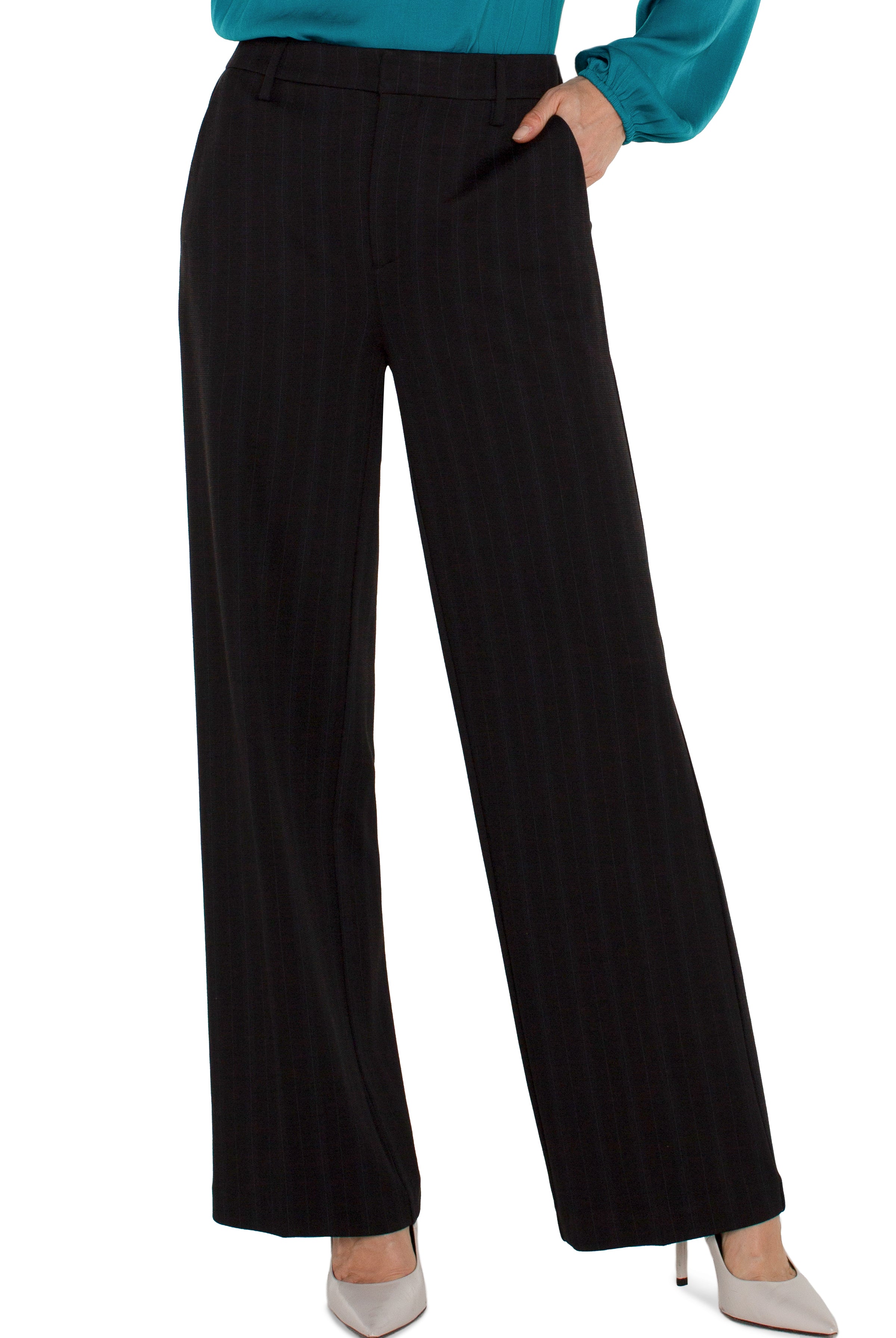 Liverpool Kelsey Wide Leg Trouser In Dark Forest Pinstripe-Bottoms-Liverpool-Deja Nu Boutique, Women's Fashion Boutique in Lampasas, Texas