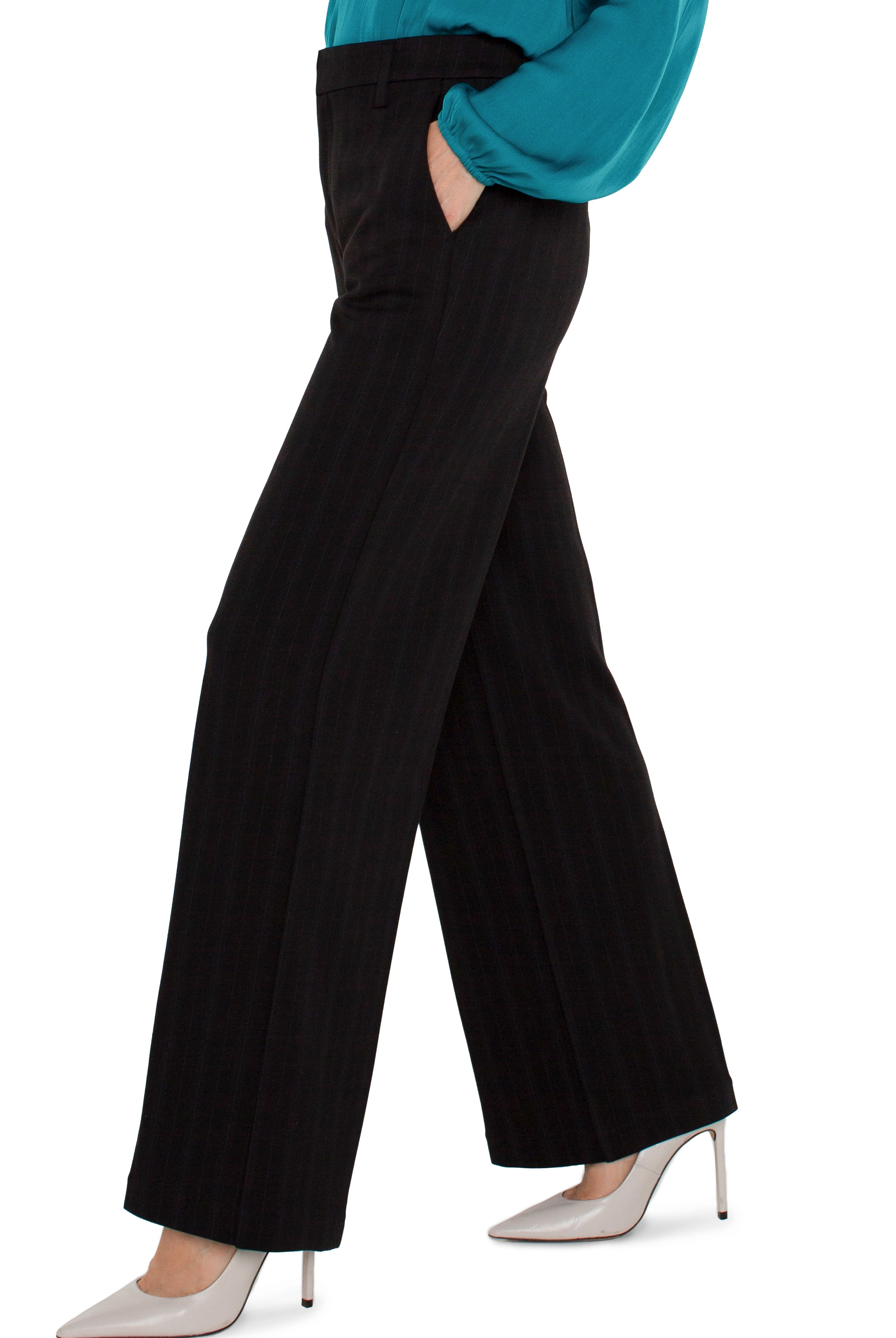 Liverpool Kelsey Wide Leg Trouser In Dark Forest Pinstripe-Bottoms-Liverpool-Deja Nu Boutique, Women's Fashion Boutique in Lampasas, Texas