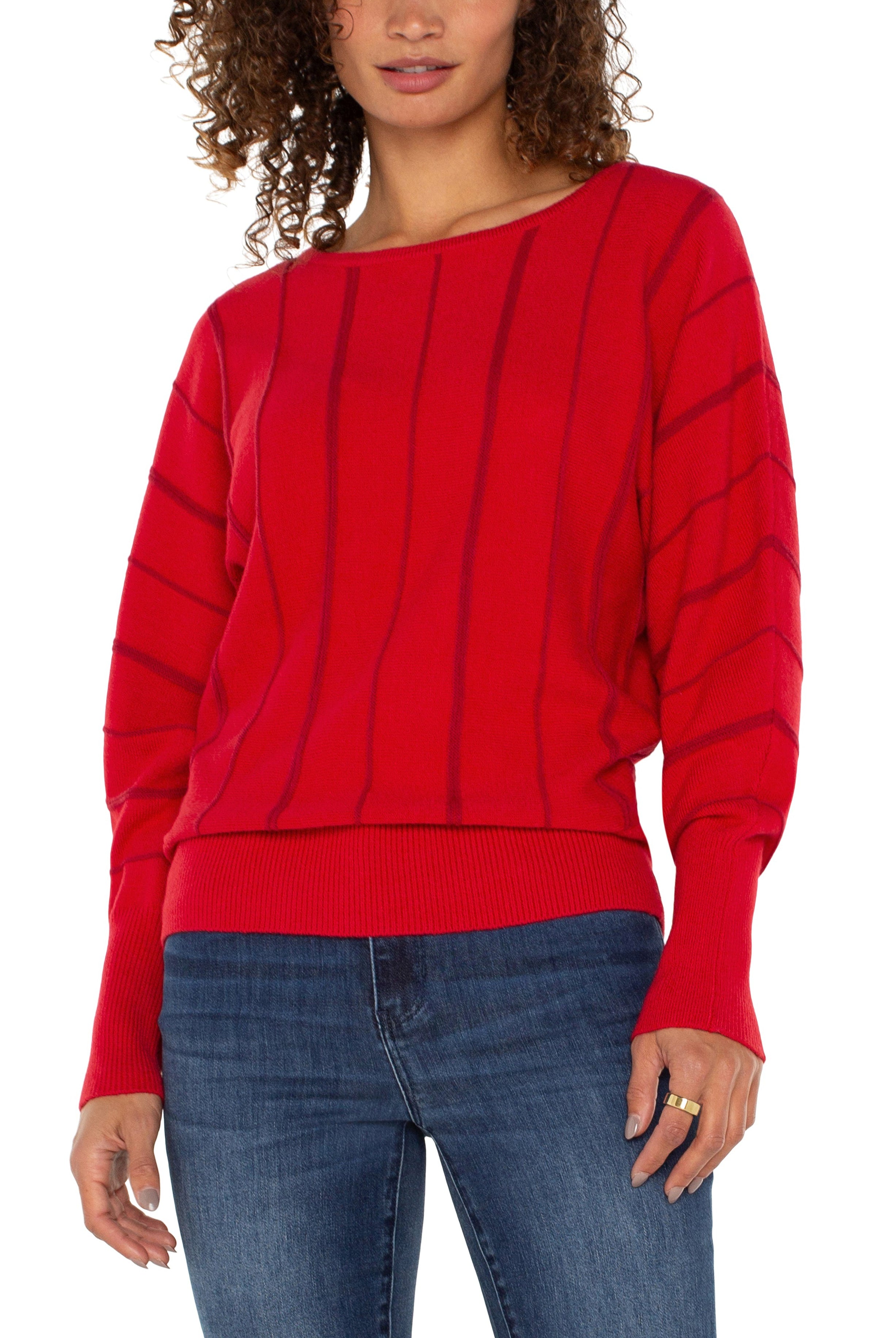 Liverpool Link Stitch Batwing Sleeve Sweater In Tango Red-Sweaters-Liverpool-Deja Nu Boutique, Women's Fashion Boutique in Lampasas, Texas