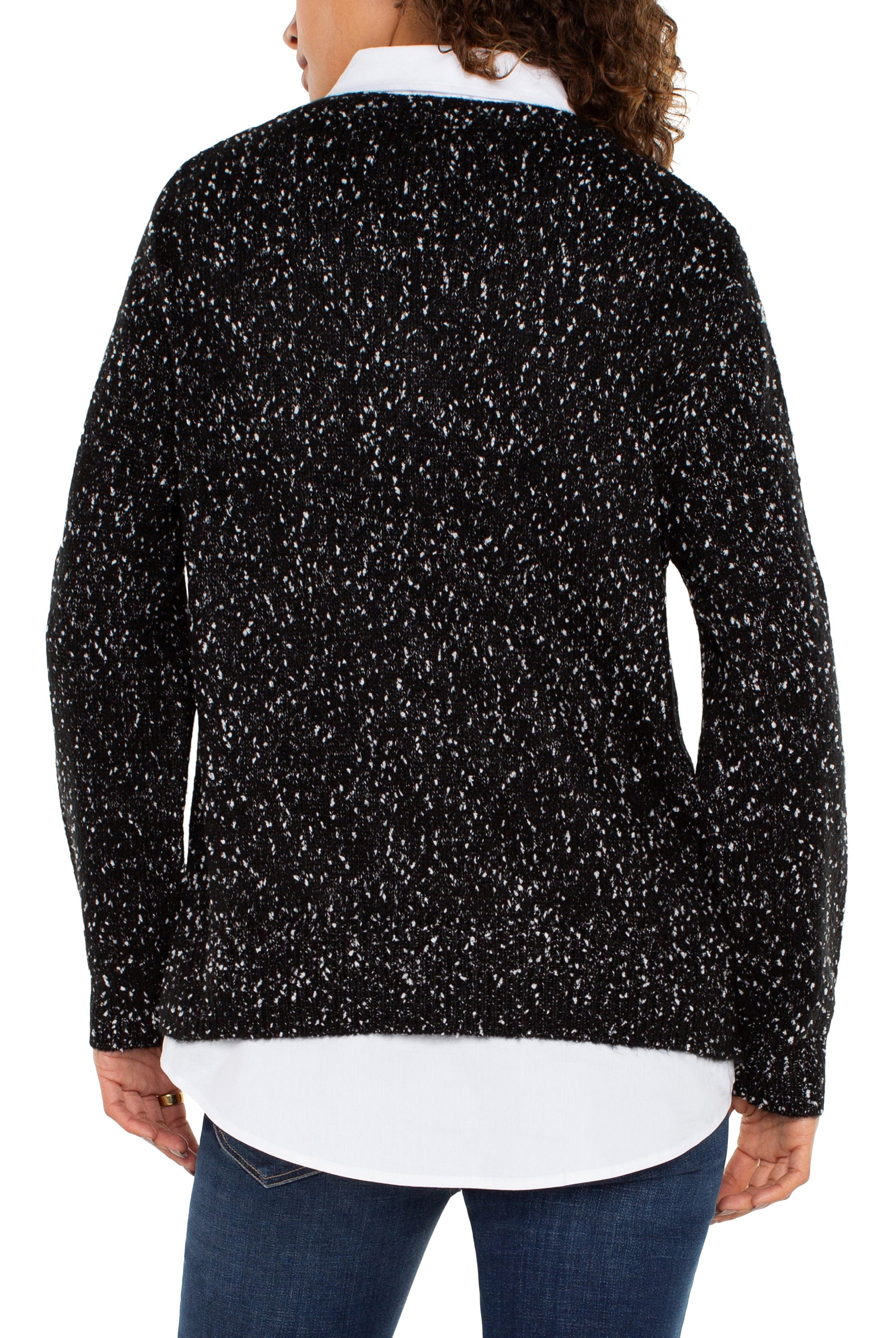 Liverpool Long Sleeve 2fer Collared Sweater (Black With White Flecks)-Sweaters-Liverpool-Deja Nu Boutique, Women's Fashion Boutique in Lampasas, Texas