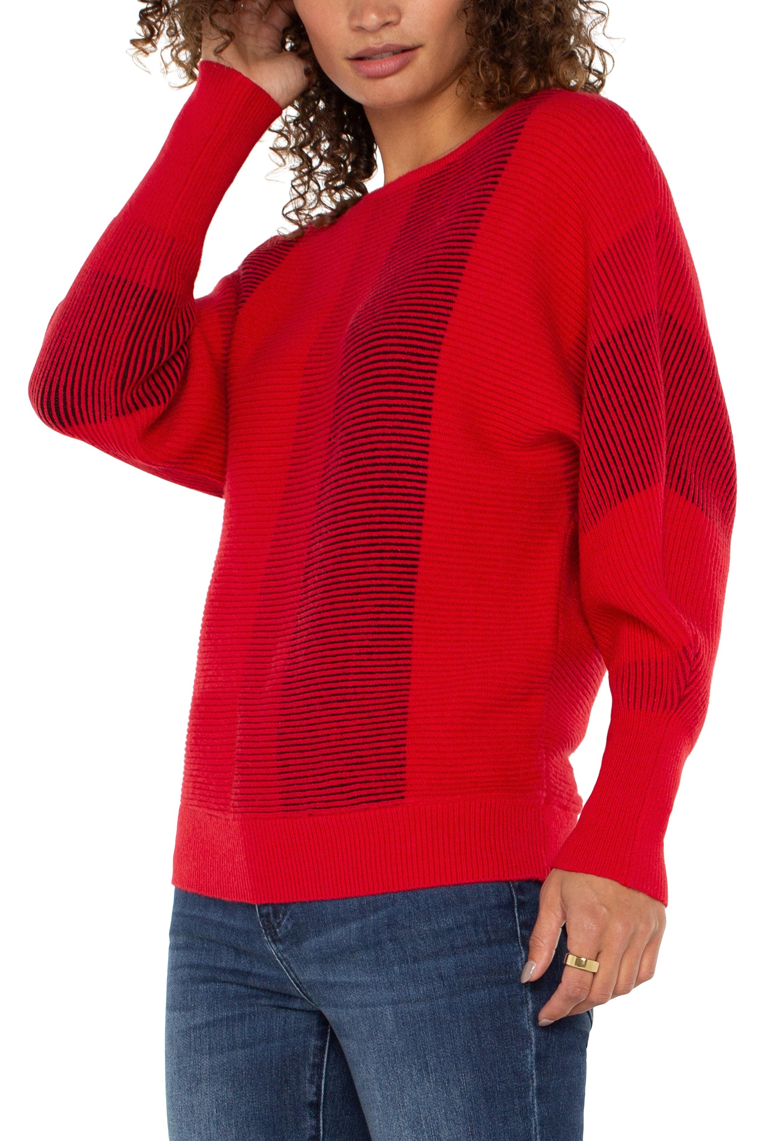 Liverpool Long Sleeve Boat Neck Dolman Sleeve Color Block Sweater In Tango Red-Sweaters-Liverpool-Deja Nu Boutique, Women's Fashion Boutique in Lampasas, Texas