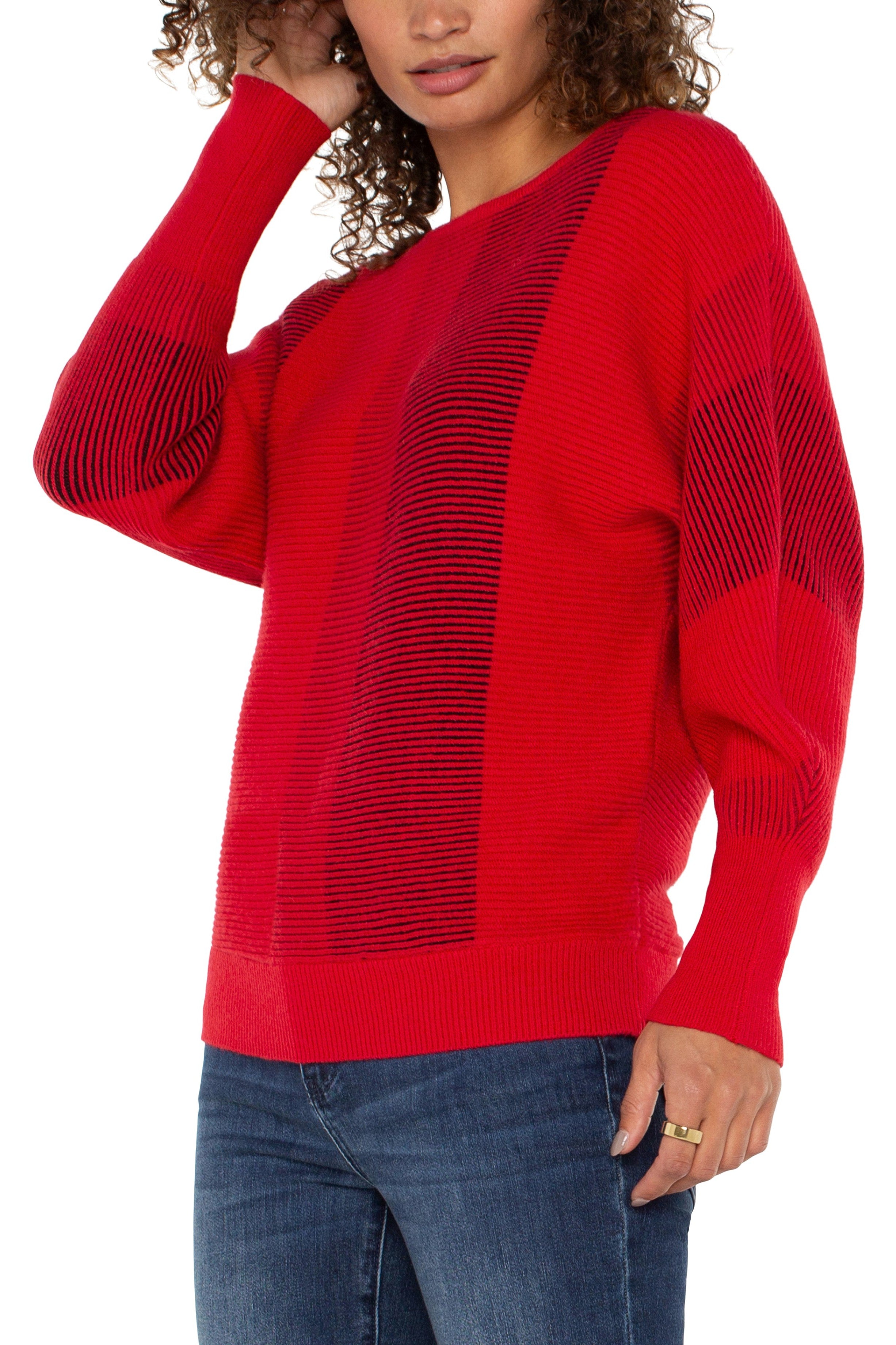 Liverpool Long Sleeve Boat Neck Dolman Sleeve Color Block Sweater In Tango Red-Sweaters-Liverpool-Deja Nu Boutique, Women's Fashion Boutique in Lampasas, Texas